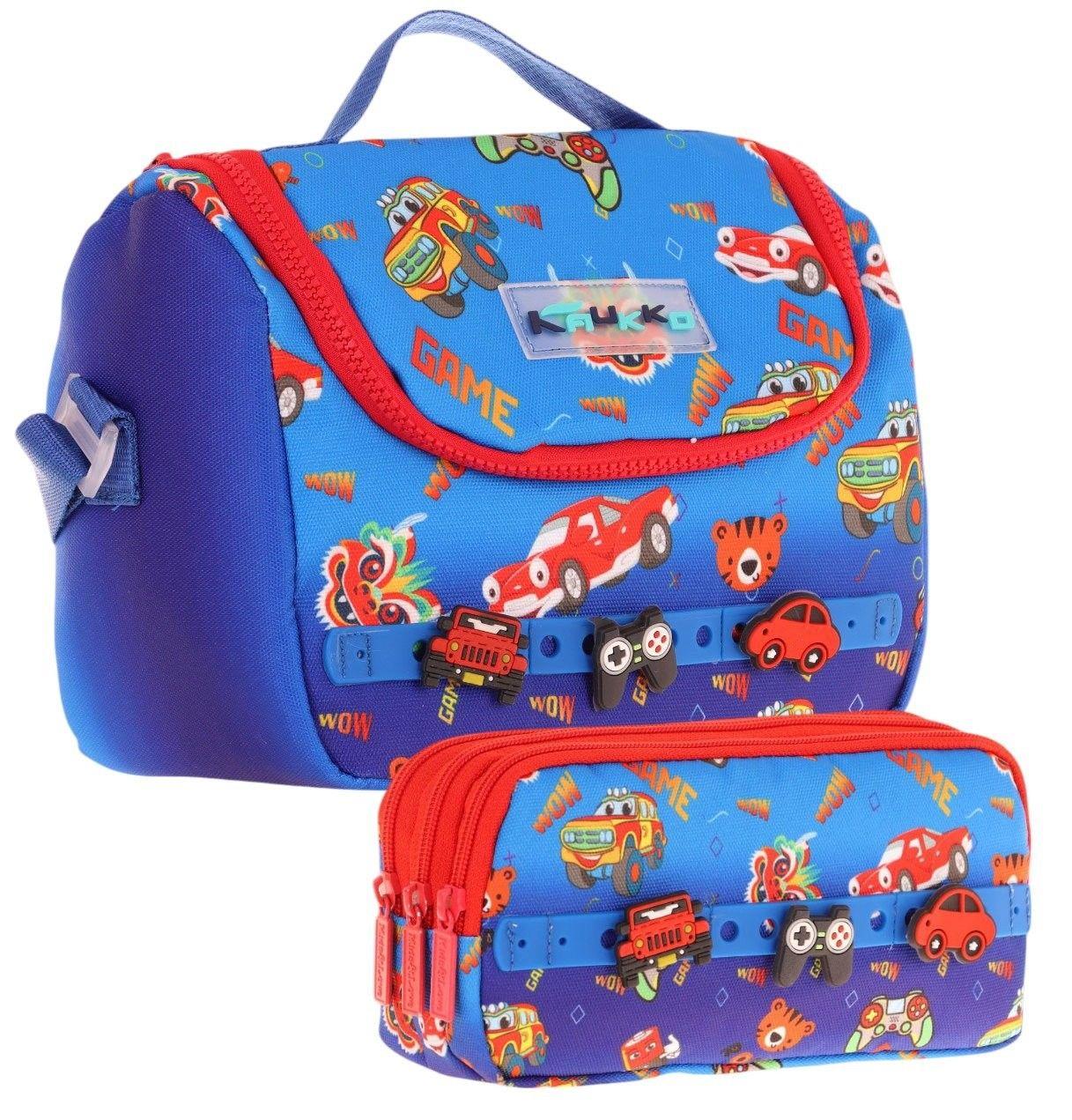 Kaukko Kids Isı Yalıtımlı Beslenme Çantası ve Üç Gözlü Kalemlik Seti - Erkek Çocuk, Mavi Kırmızı (Silikon Aksesuarlı)