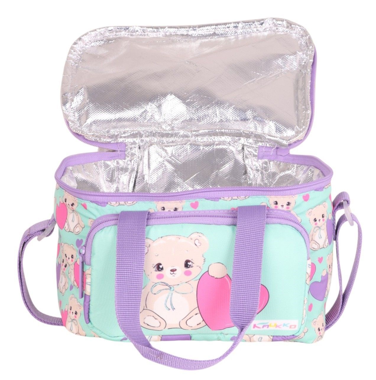 Kaukko Kids Kalpli Peluş Ayı Desenli Kız Çocuk İki Bölmeli Beslenme Çantası - Mor/Yeşil