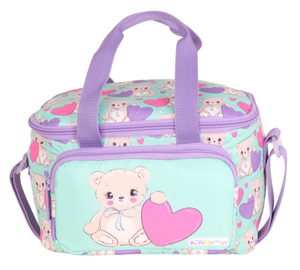 Kaukko Kids Kalpli Peluş Ayı Desenli Kız Çocuk İki Bölmeli Beslenme Çantası - Mor/Yeşil