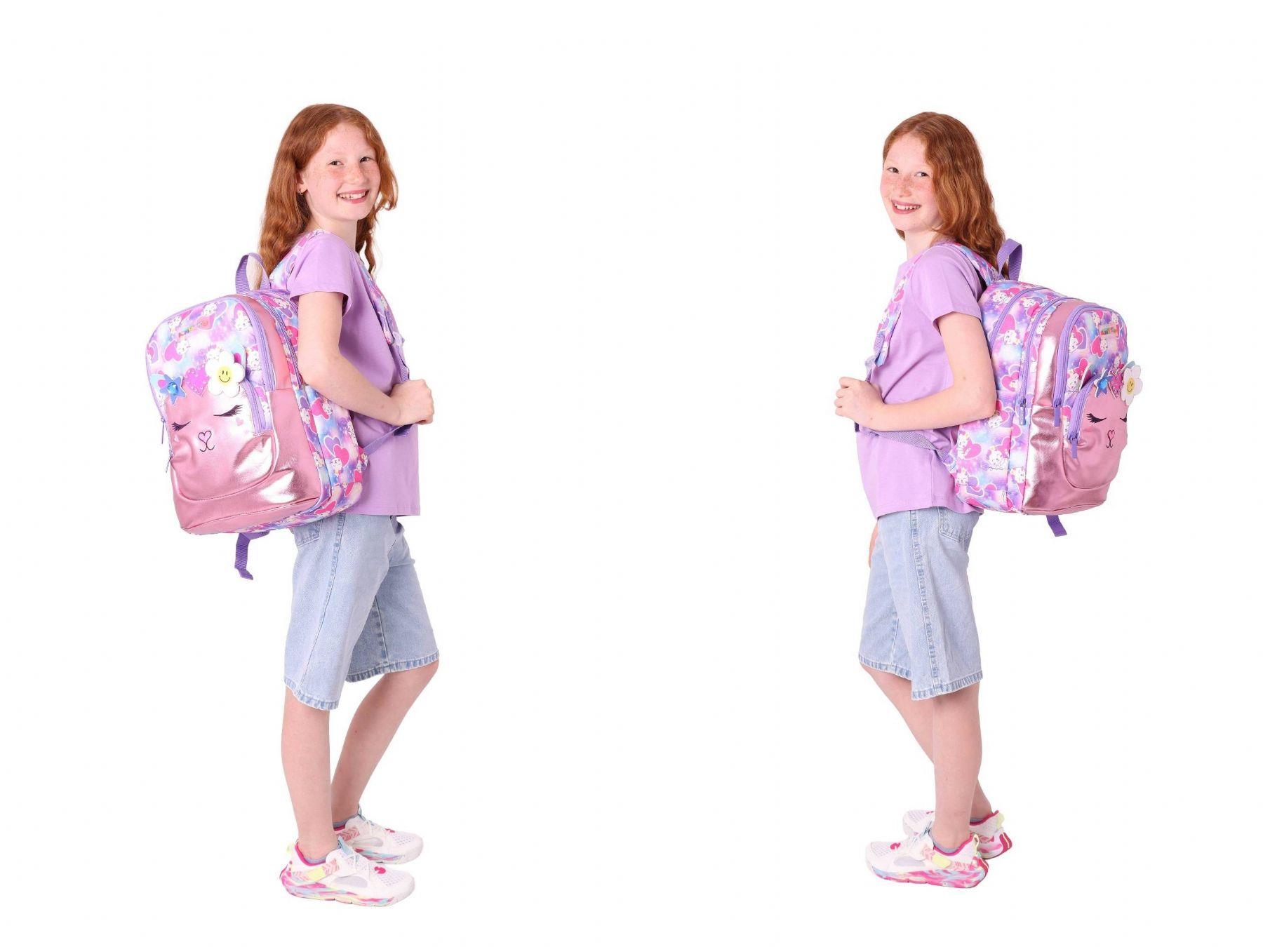 Kaukko Kids Kedi Şekilli (Pembe Mor) Kız Çocuk Üçlü İlkokul Okul Çantası Seti