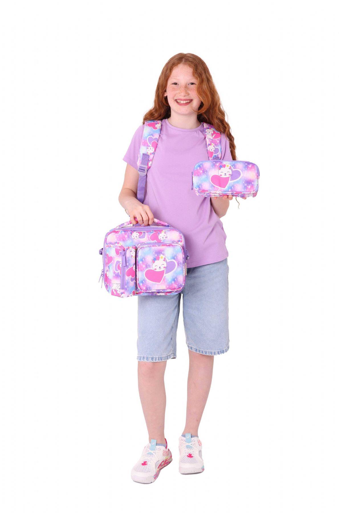 Kaukko Kids Kedi Şekilli (Pembe Mor) Kız Çocuk Üçlü İlkokul Okul Çantası Seti