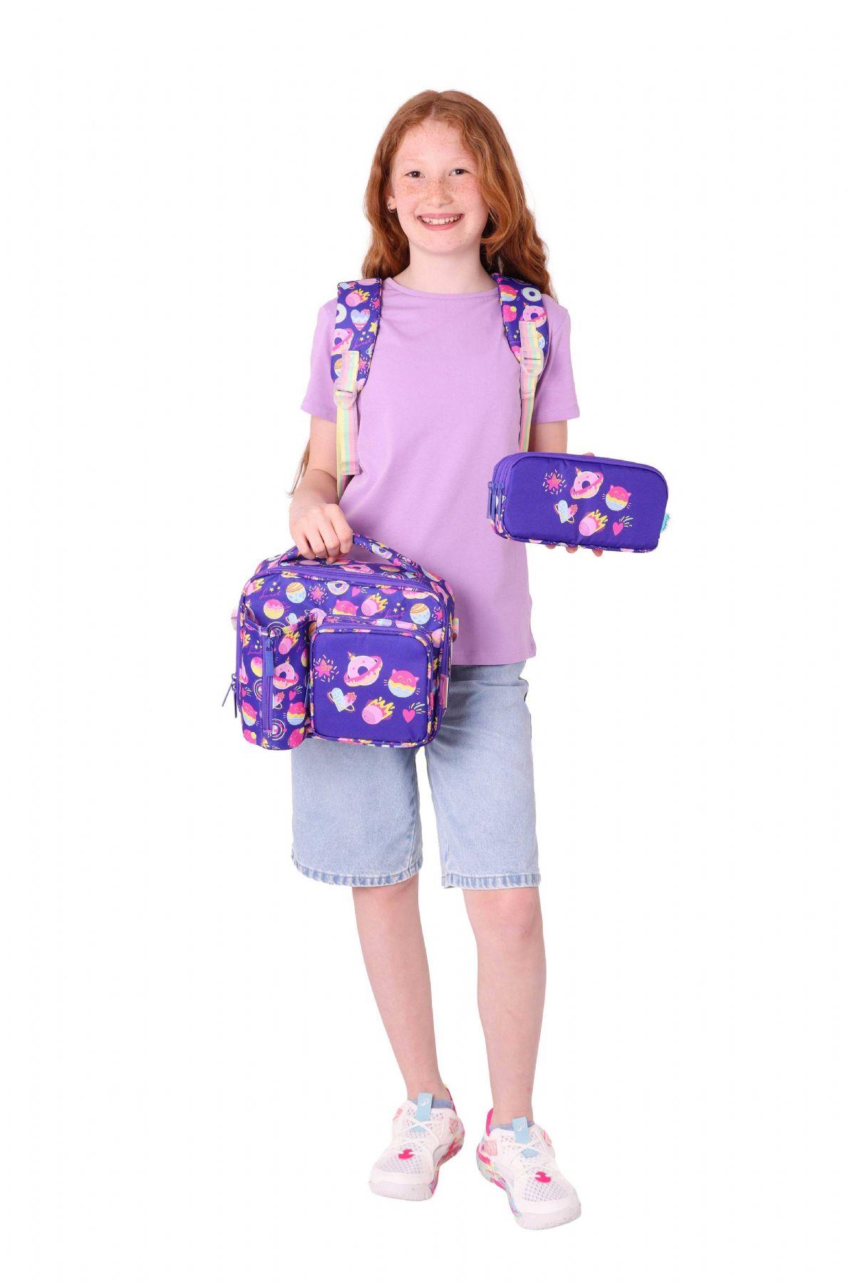 Kaukko Kids Kız Çocuk - Mor Pullu Şekerleme Desenli - Okul Çanta Seti (Sırt Çantası+Beslenme Çantası+Kalemlik)