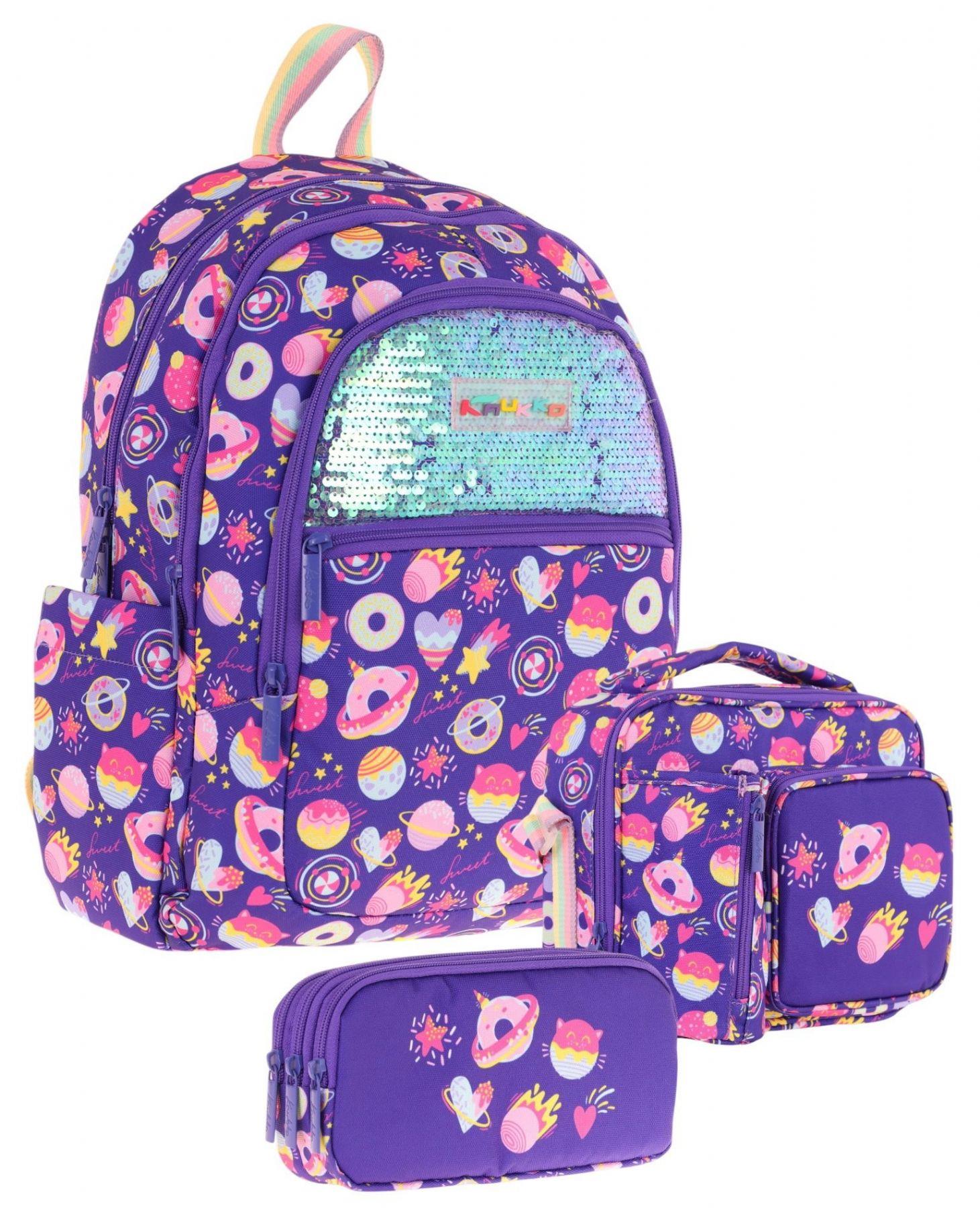 Kaukko Kids Kız Çocuk - Mor Pullu Şekerleme Desenli - Okul Çanta Seti (Sırt Çantası+Beslenme Çantası+Kalemlik)