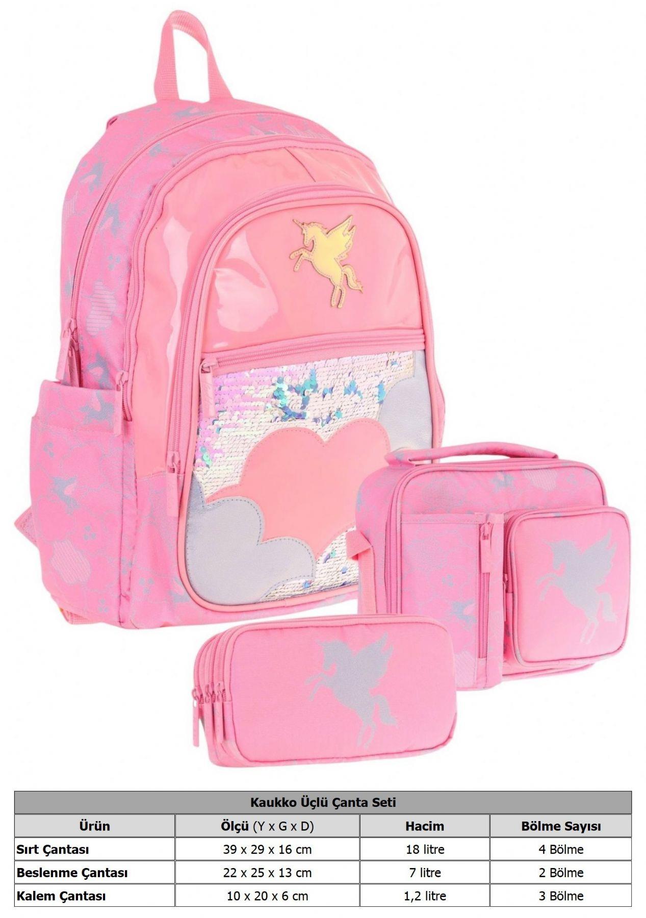 Kaukko Kids Kız Çocuk - Pembe Pullu Bulut Desenli - Okul Çanta Seti (Sırt Çantası+Beslenme Çantası+Kalemlik)