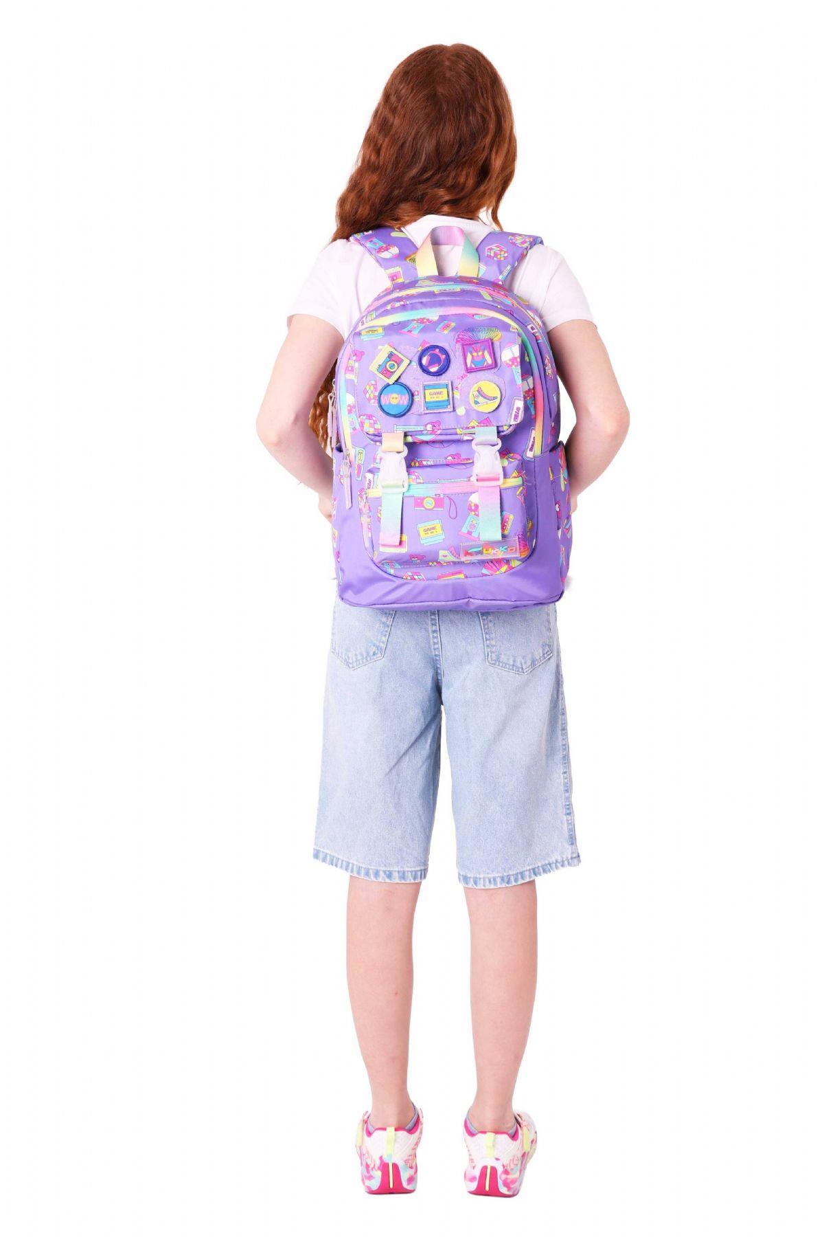 Kaukko Kids Kız Çocuk Armalı Hobi Desenli İlkokul Okul Sırt Çantası (Dört Bölmeli) - Mor - L5238