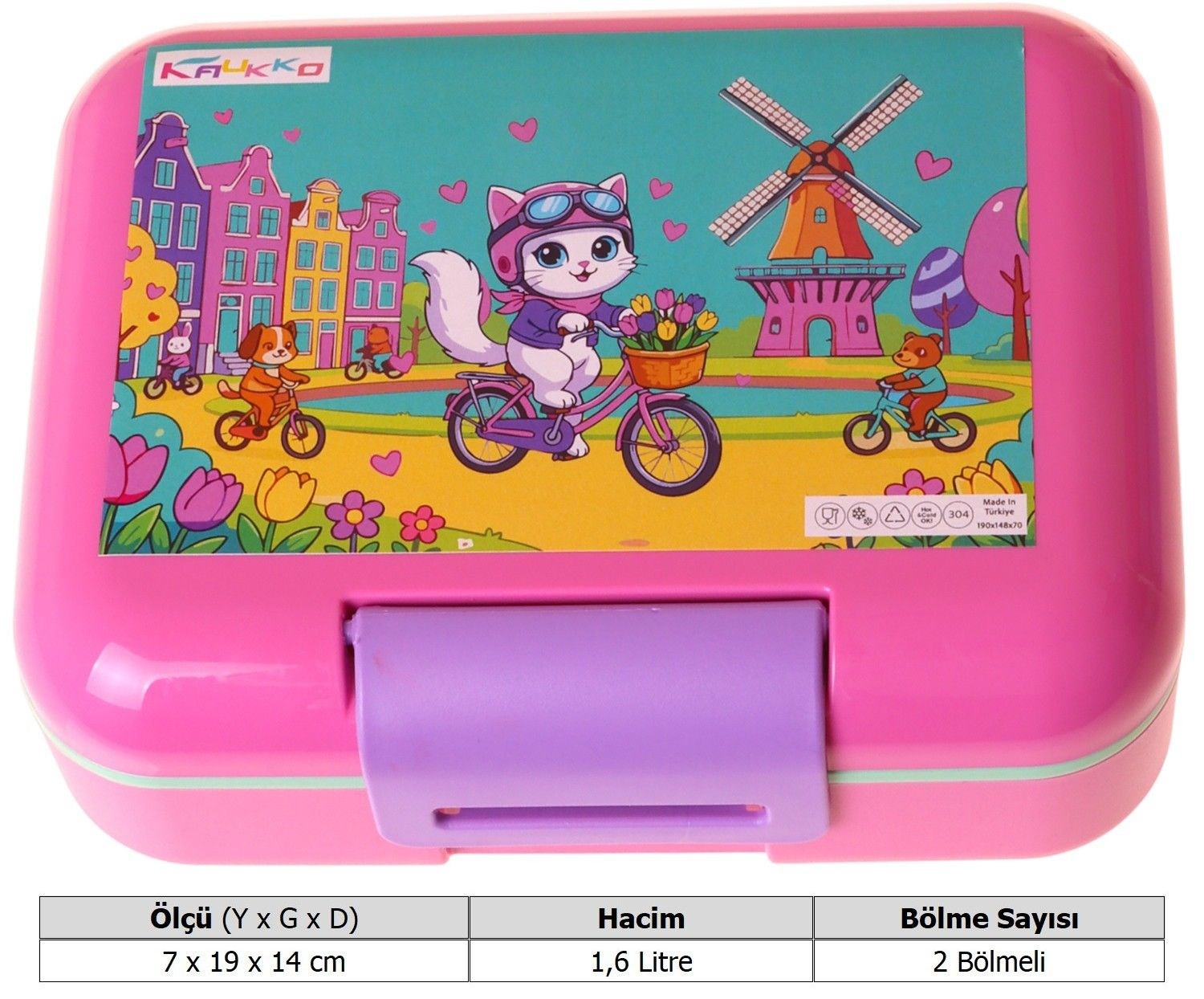 Kaukko Kids Kız Çocuk Bisikletli Kedi Baskılı Yeşil Çift Katlı Beslenme Kabı - L5332