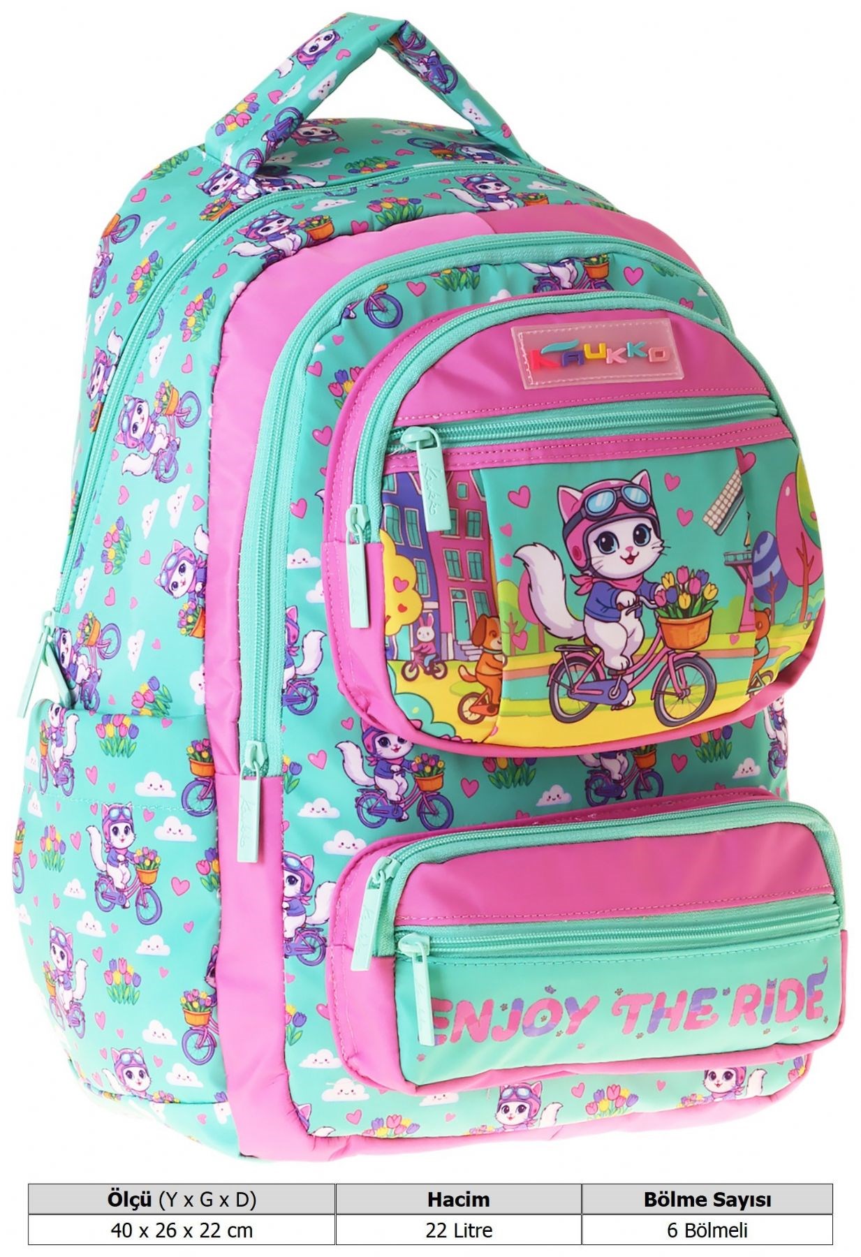 Kaukko Kids Kız Çocuk Bisikletli Kedi Baskılı (Cat Bike) Altı Bölmeli İlkokul Sırt Çantası - L5328