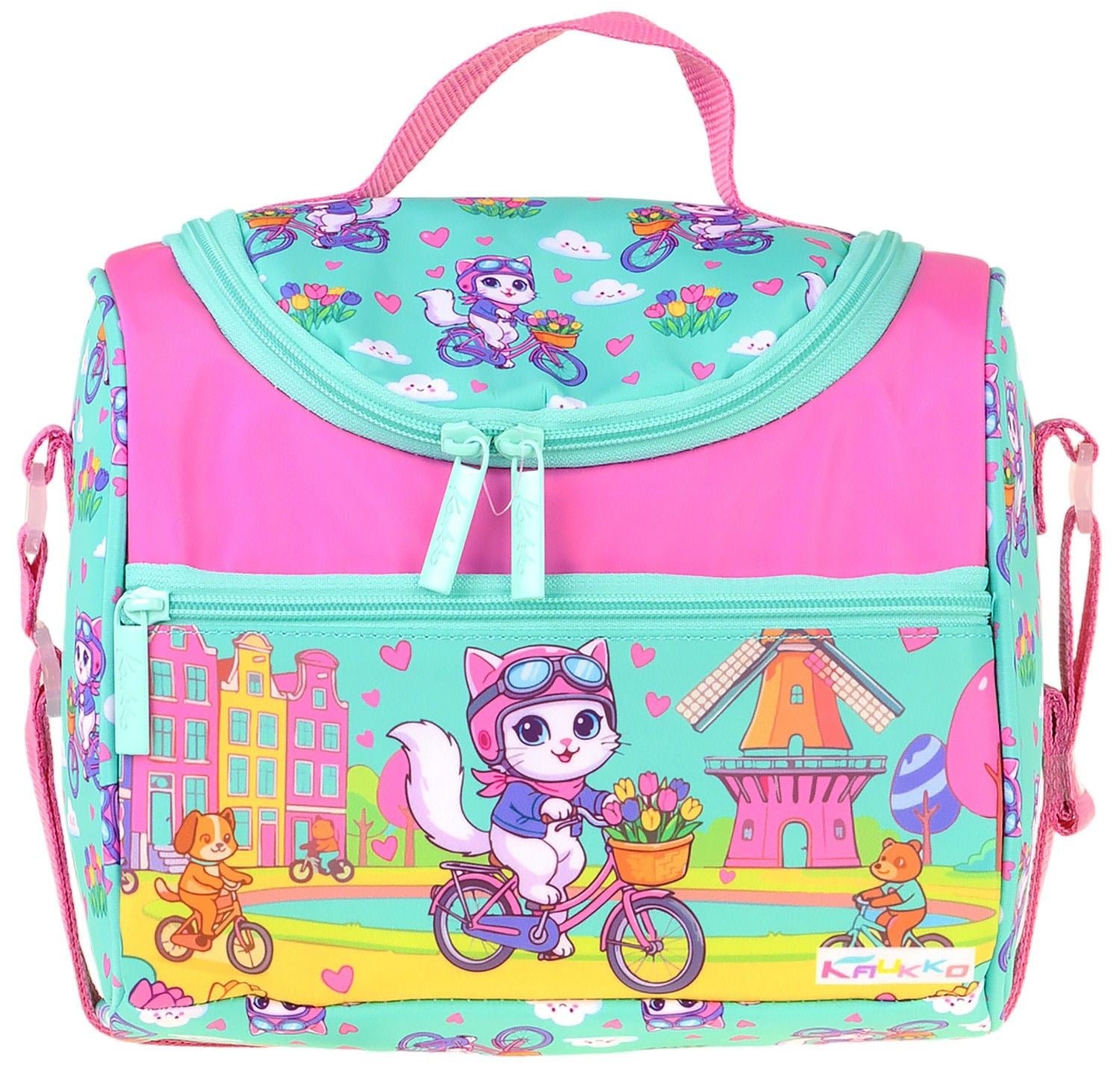 Kaukko Kids Kız Çocuk Bisikletli Kedi Baskılı Isı Yalıtımlı Okul Beslenme Çantası (Yeşil - Pembe) - L5329