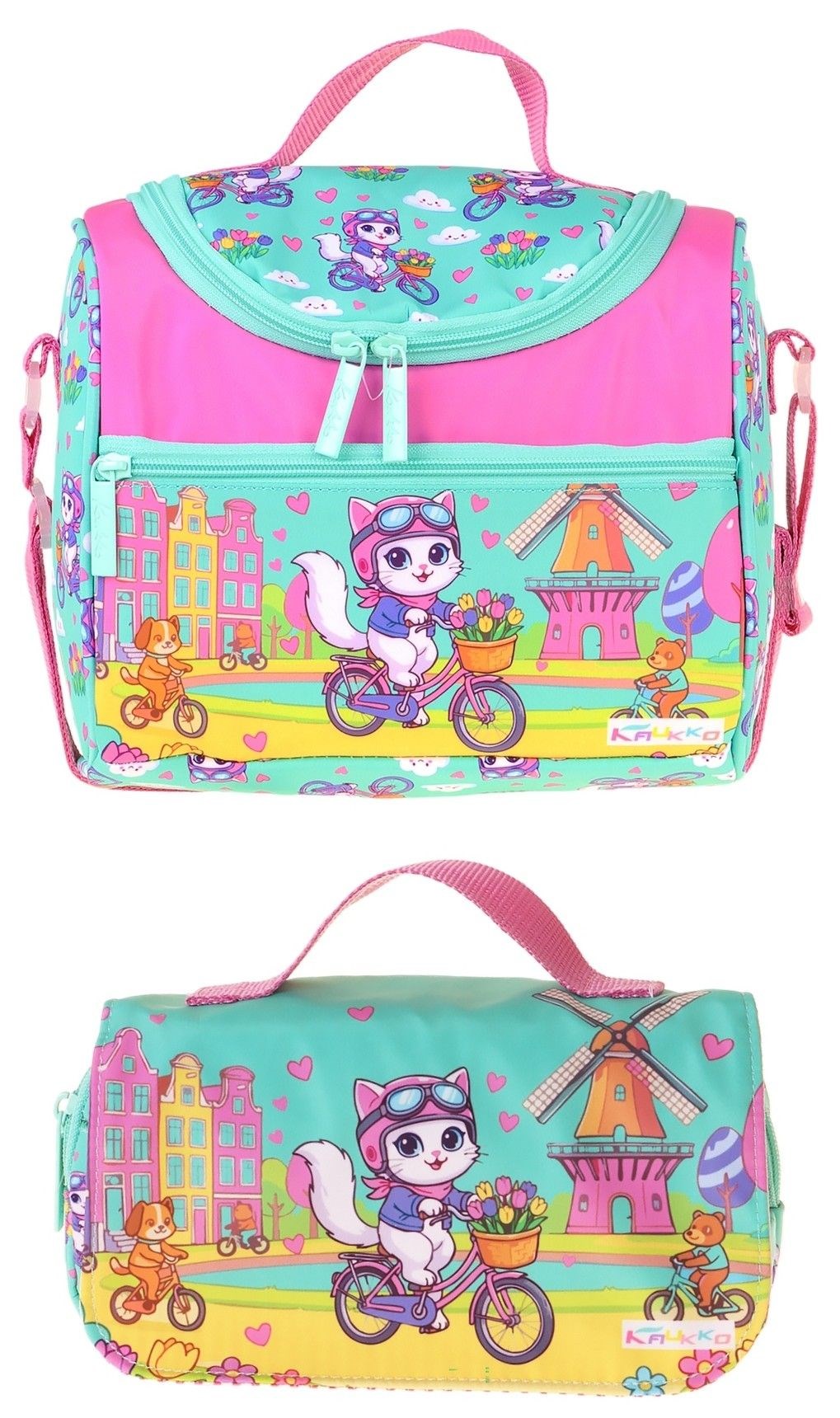 Kaukko Kids Kız Çocuk Bisikletli Kedi Baskılı Yeşil - Pembe Thermo Beslenme Çantası ve Kalemlik Seti - SETKK-L5329