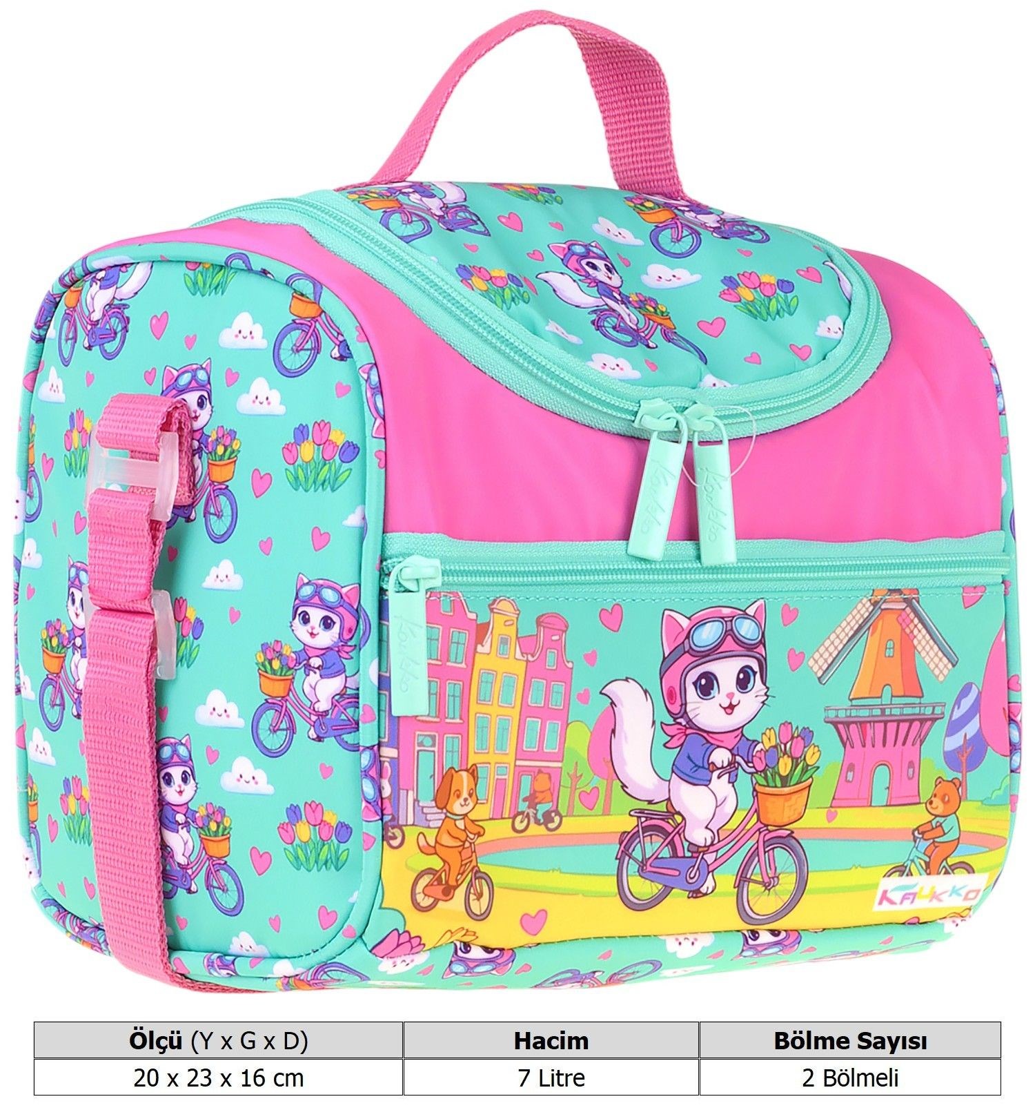Kaukko Kids Kız Çocuk Bisikletli Kedi Baskılı Isı Yalıtımlı Okul Beslenme Çantası (Yeşil - Pembe) - L5329