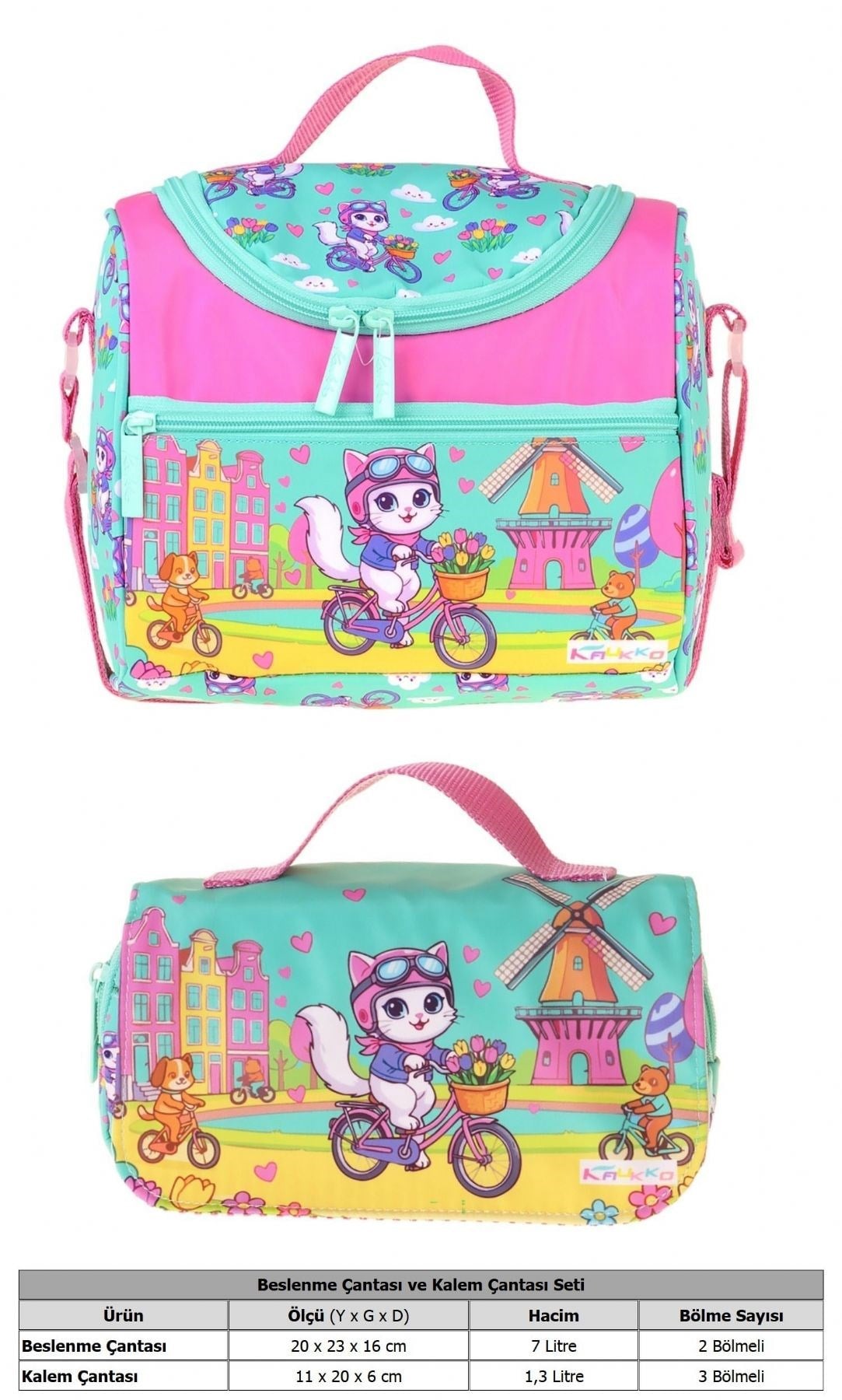 Kaukko Kids Kız Çocuk Bisikletli Kedi Baskılı Yeşil - Pembe Thermo Beslenme Çantası ve Kalemlik Seti - SETKK-L5329