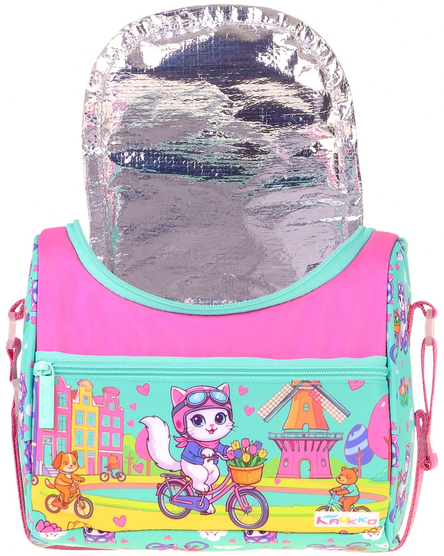 Kaukko Kids Kız Çocuk Bisikletli Kedi Baskılı Isı Yalıtımlı Okul Beslenme Çantası (Yeşil - Pembe) - L5329