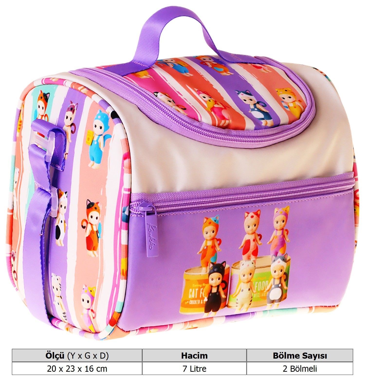 Kaukko Kids Kız Çocuk Cat Life Baskılı Isı Yalıtımlı Okul Beslenme Çantası (Mor - Krem) - L5314