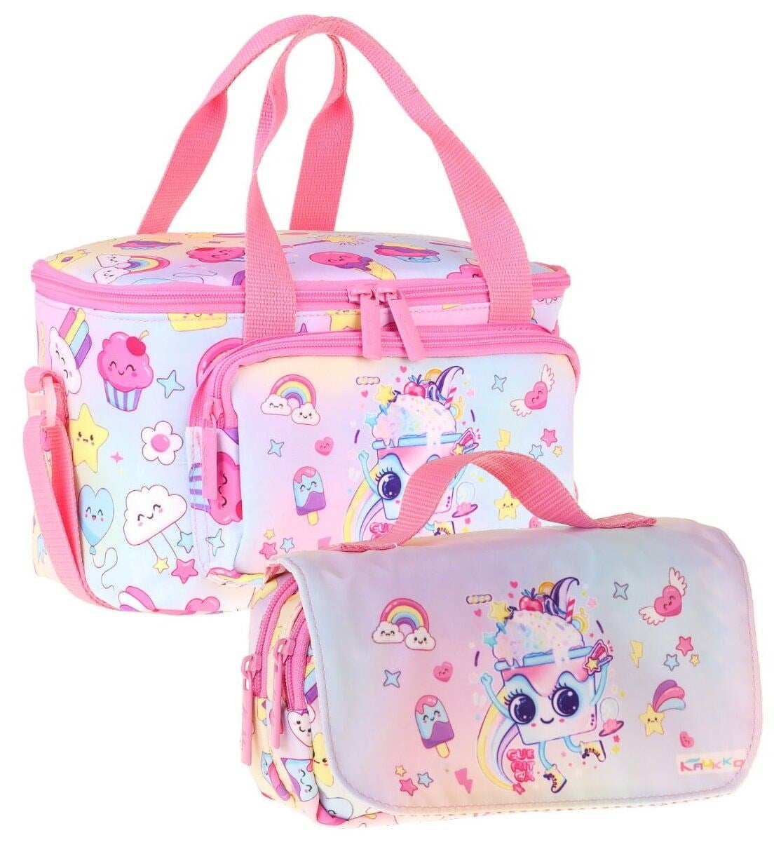Kaukko Kids Kız Çocuk Dondurma Desenli Pembe Thermo Beslenme Çantası ve Kalemlik Seti - SETKK-L5284