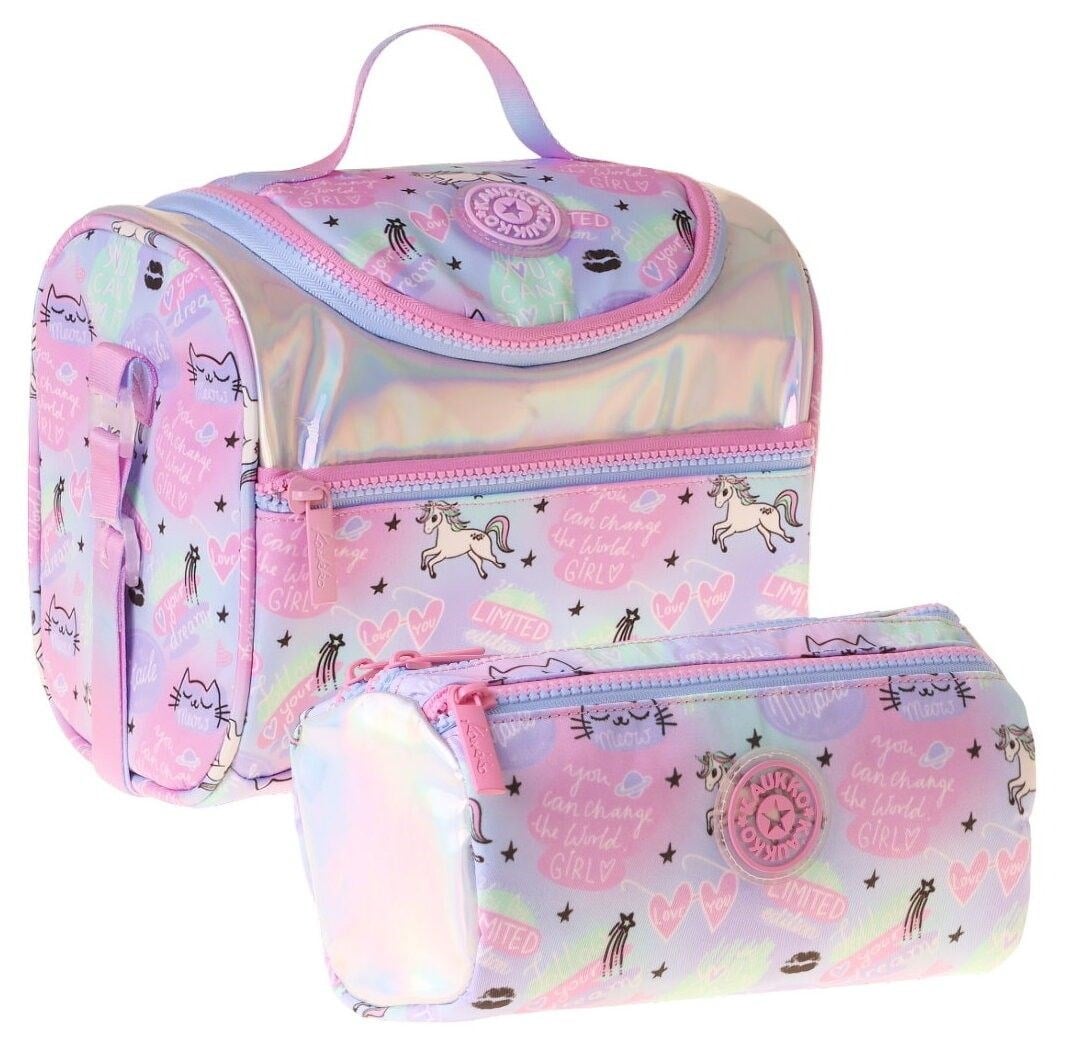 Kaukko Kids Kız Çocuk Dream Baskılı Çok Renkli Thermo Beslenme Çantası ve Kalemlik Seti - SETKK-L5344