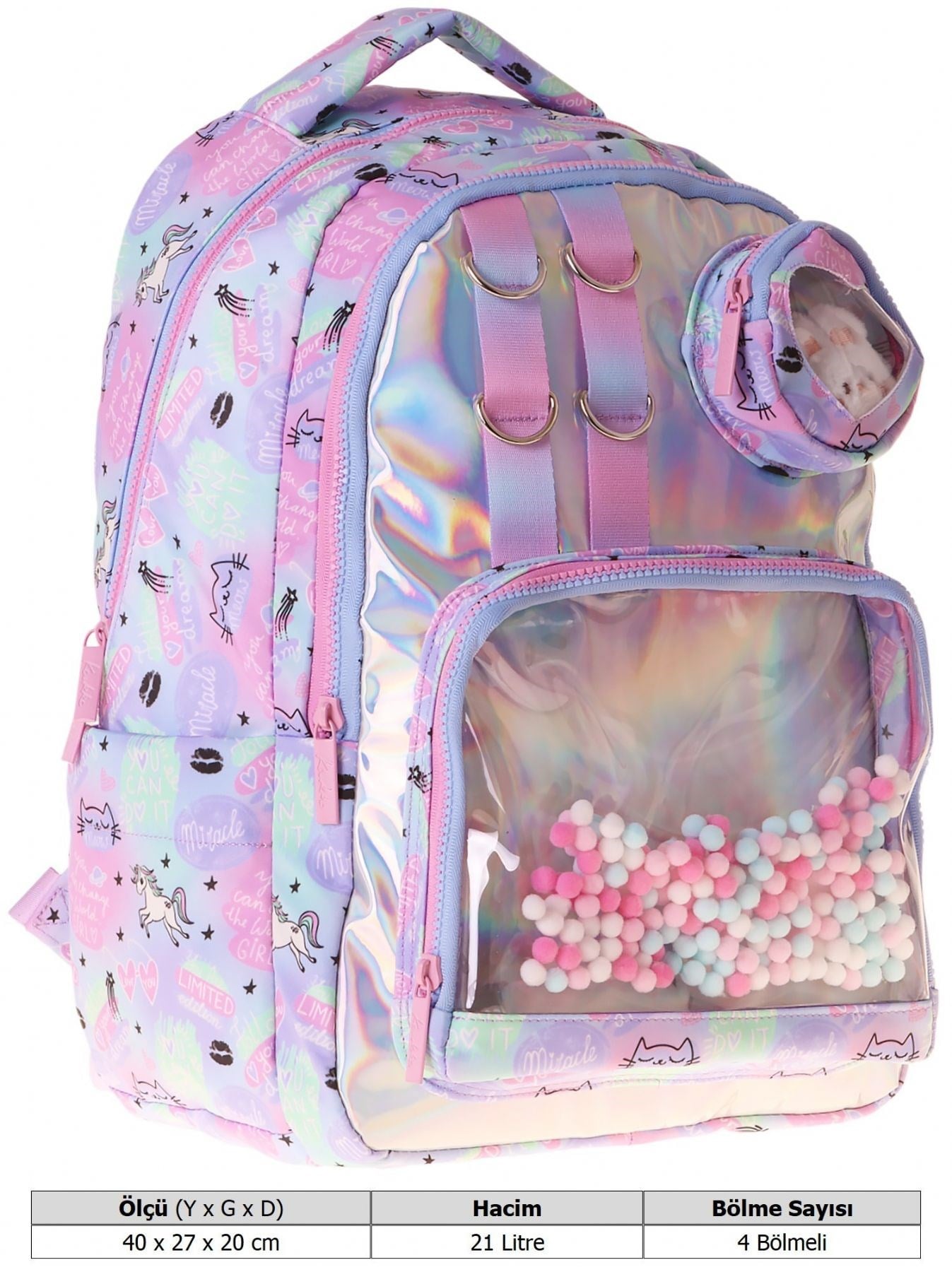 Kaukko Kids Kız Çocuk Dream Baskılı Çok Renkli Peluş Aksesuarlı İlkokul Okul Sırt Çantası - L5343