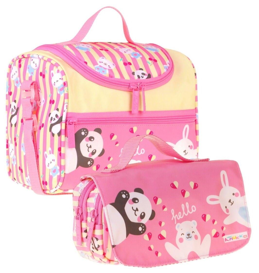 Kaukko Kids Kız Çocuk Hello Baskılı Sarı - Pembe Thermo Beslenme Çantası ve Kalemlik Seti - SETKK-L5309