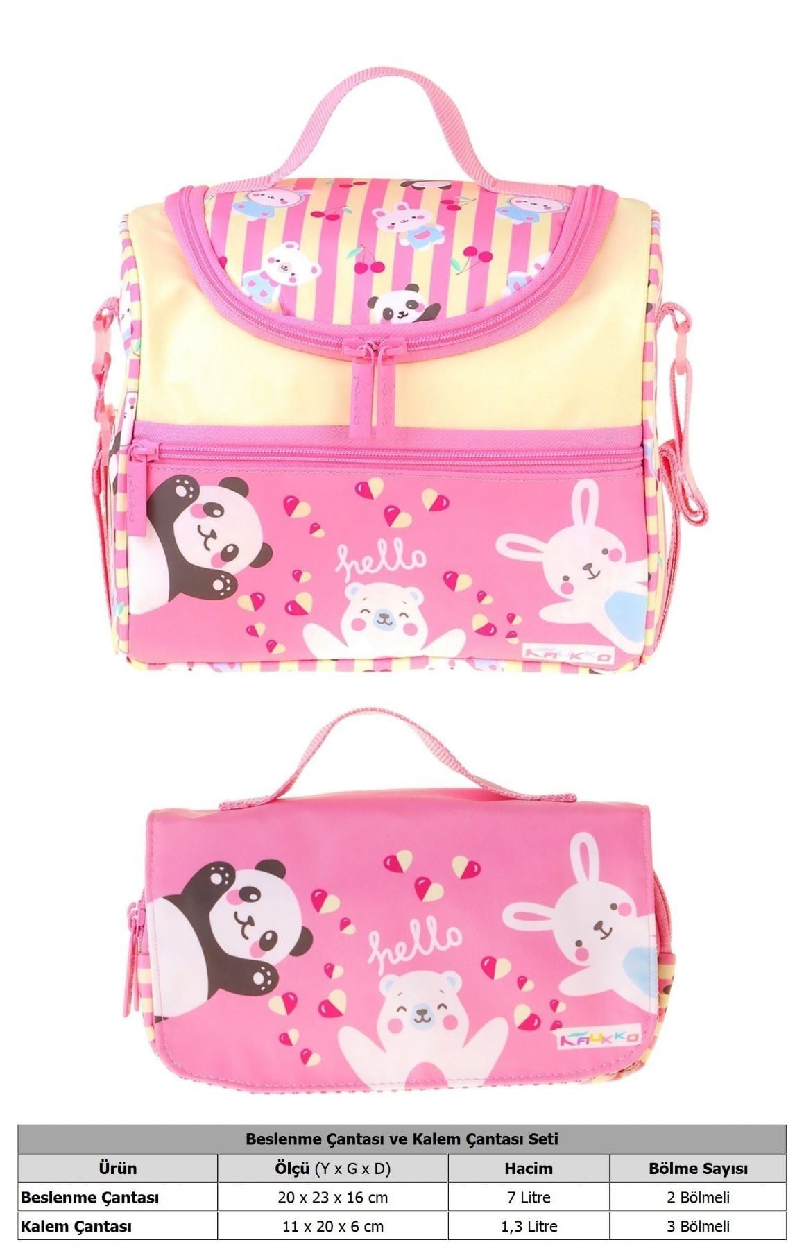Kaukko Kids Kız Çocuk Hello Baskılı Sarı - Pembe Thermo Beslenme Çantası ve Kalemlik Seti - SETKK-L5309