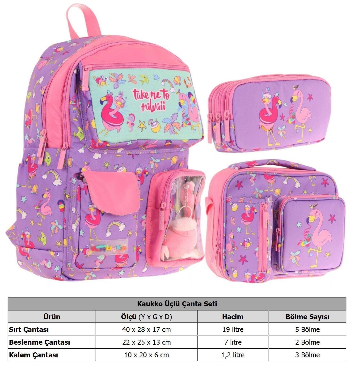 Kaukko Kids Kız Çocuk İlkokul Okul Çantası Seti - Peluş Flamingolu - Mor Pembe (L5240+L7240+L8240)