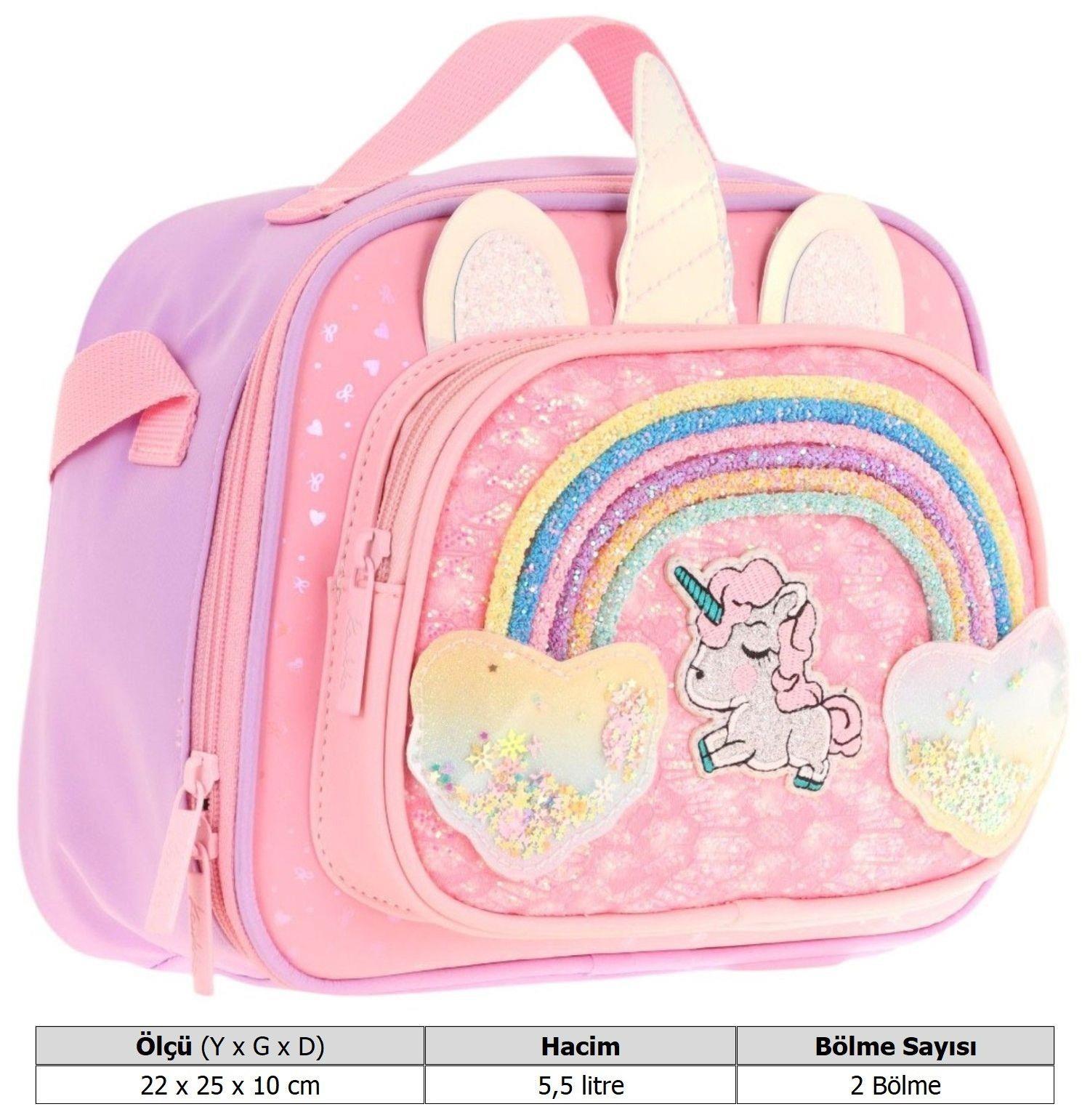 Kaukko Kids Kız Çocuk Isı Yalıtımlı İki Bölmeli Beslenme Çantası (Simli Unicorn Desenli) L7212