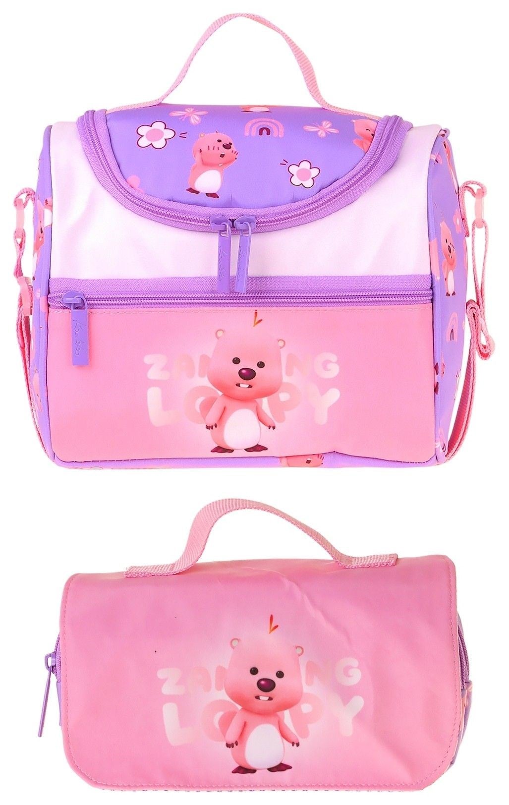 Kaukko Kids Kız Çocuk Loopy Baskılı Lila - Pembe Thermo Beslenme Çantası ve Kalemlik Seti - SETKK-L5304