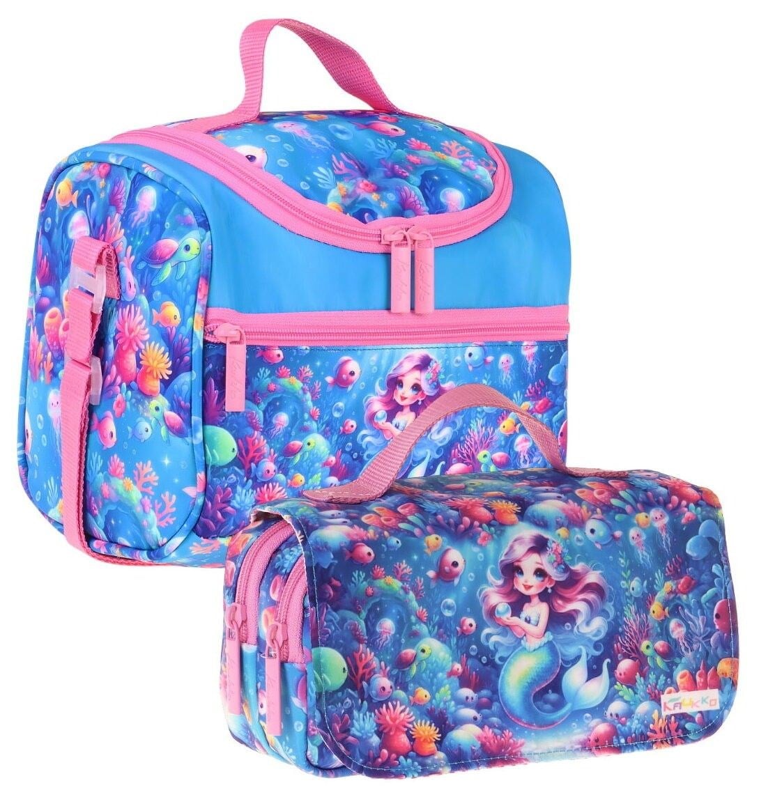 Kaukko Kids Kız Çocuk Mercan ve Denizkızı Baskılı Pembe - Mavi Thermo Beslenme Çantası ve Kalemlik Seti - SETKK-L5324