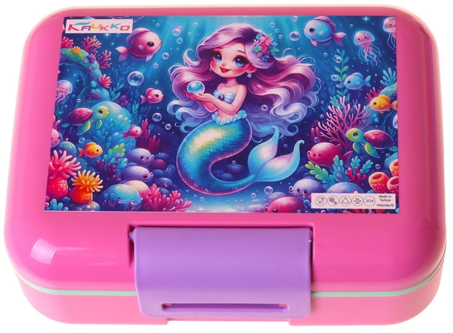Kaukko Kids Kız Çocuk Mercan ve Denizkızı Baskılı Pembe - Mavi Çift Katlı Beslenme Kabı - L5327