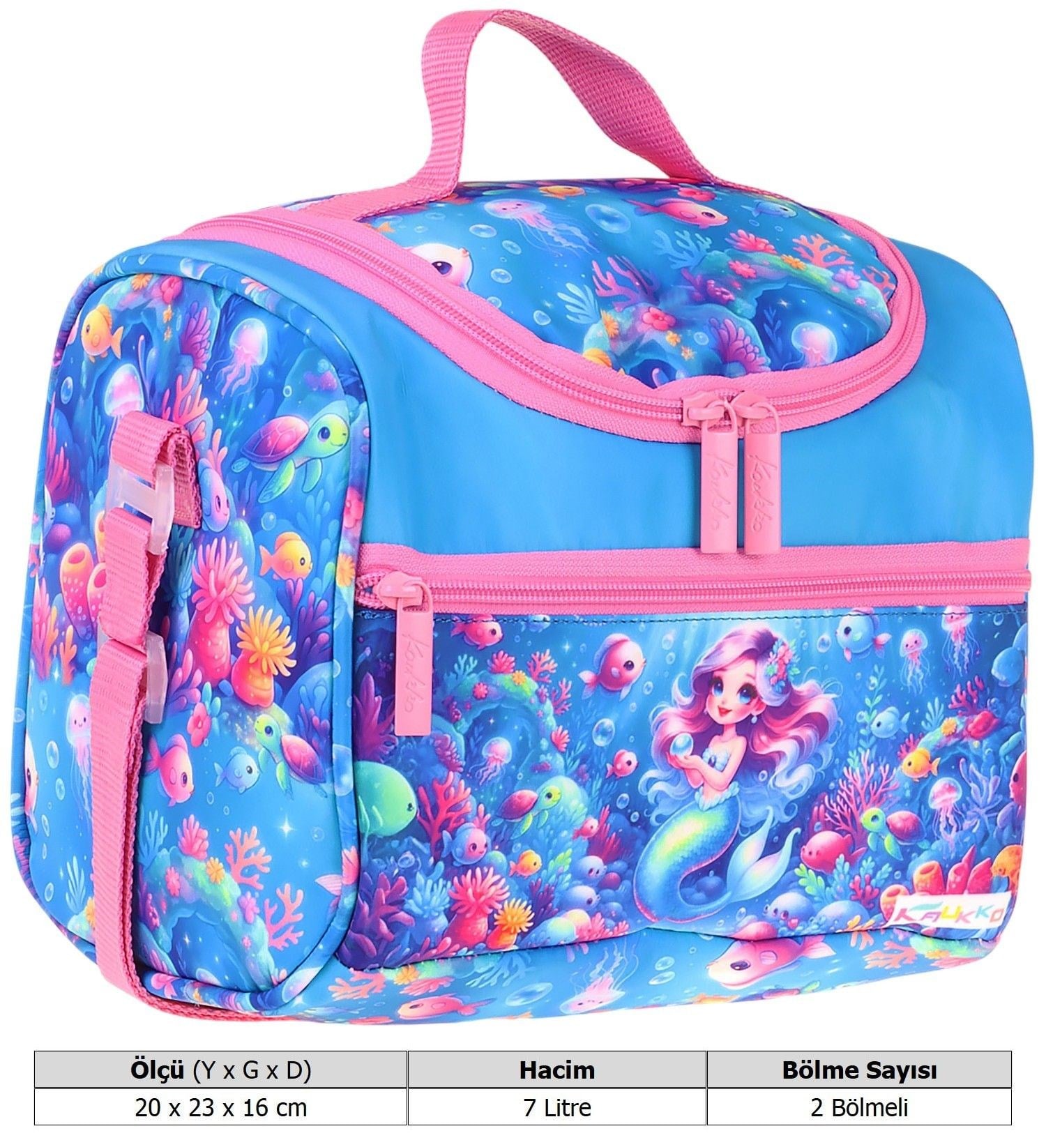 Kaukko Kids Kız Çocuk Mercan ve Denizkızı Baskılı Isı Yalıtımlı Okul Beslenme Çantası (Pembe - Mavi) - L5324