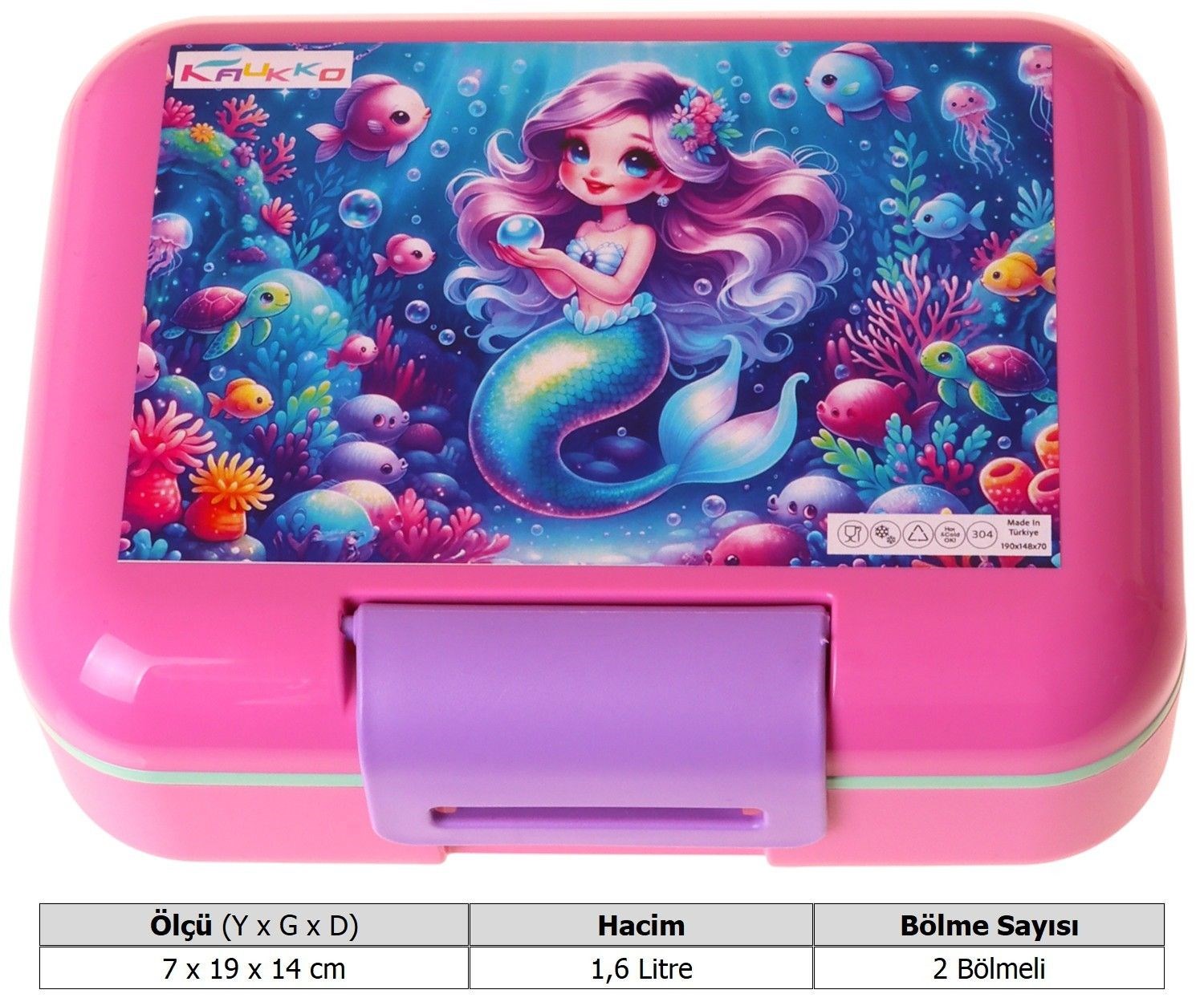 Kaukko Kids Kız Çocuk Mercan ve Denizkızı Baskılı Pembe - Mavi Çift Katlı Beslenme Kabı - L5327