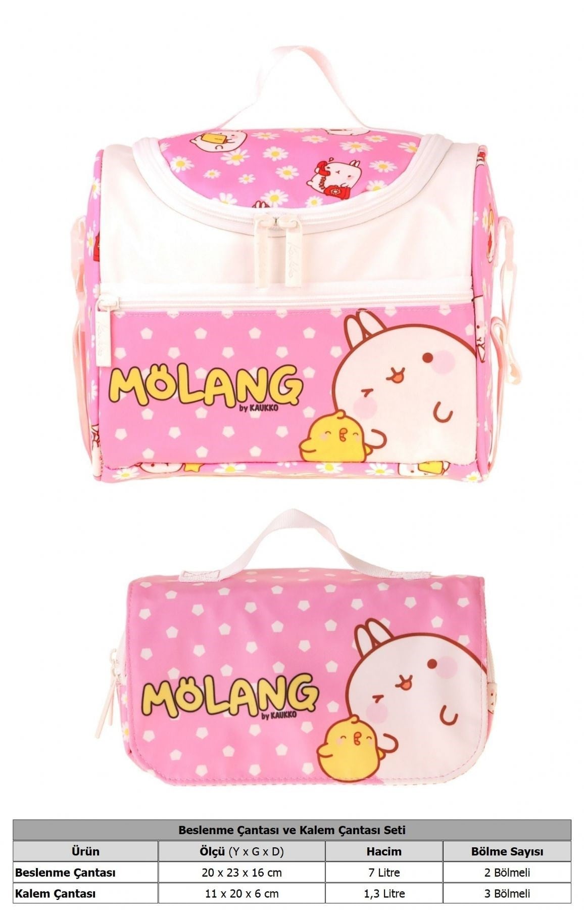 Kaukko Kids Kız Çocuk Molang Baskılı Pembe - Sarı Thermo Beslenme Çantası ve Kalemlik Seti - SETKK-L5319