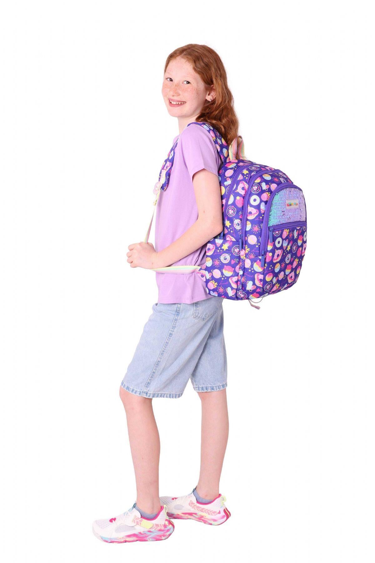 Kaukko Kids Kız Çocuk (Mor - Pullu Şekerleme Desenli) Dört Gözlü Okul Sırt Çantası - L5216
