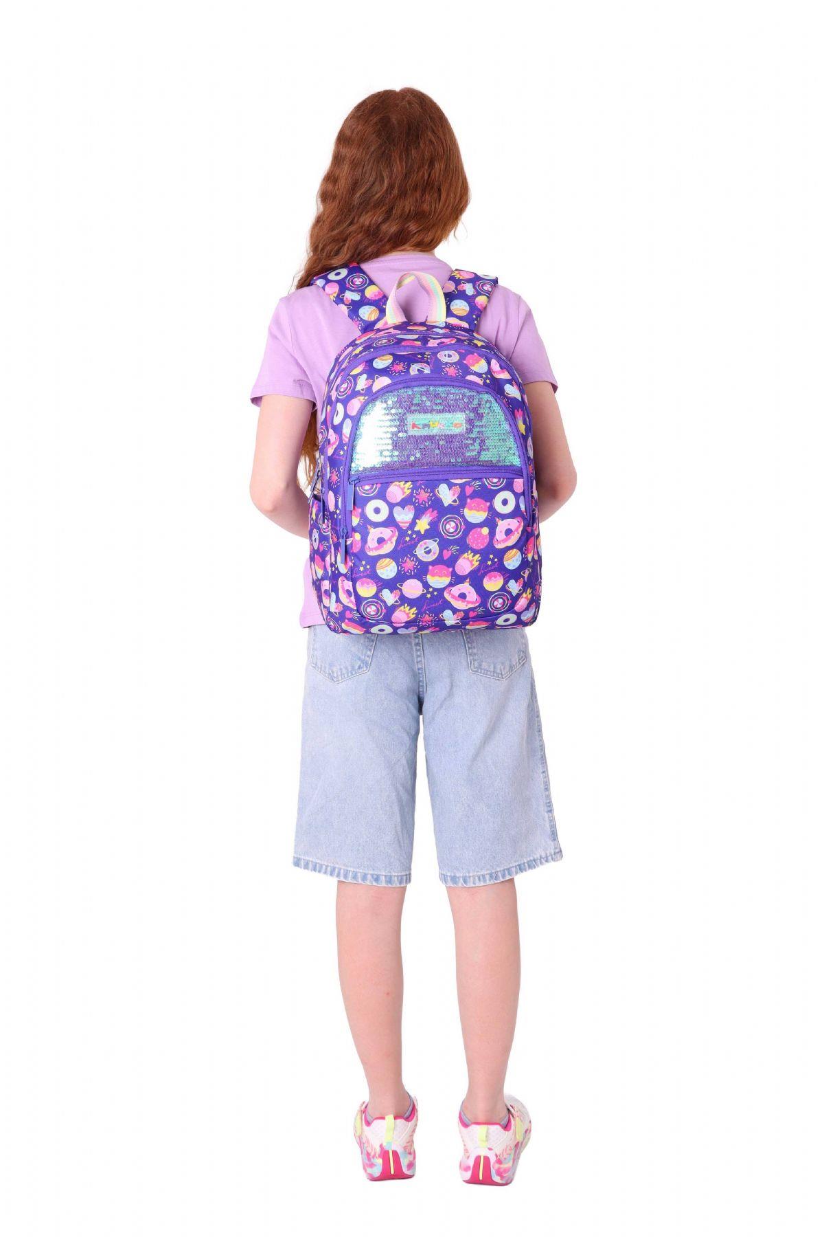 Kaukko Kids Kız Çocuk (Mor - Pullu Şekerleme Desenli) Dört Gözlü Okul Sırt Çantası - L5216