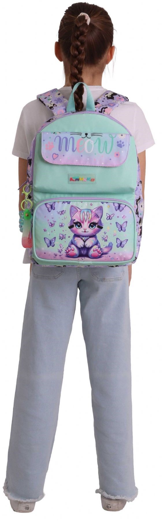 Kaukko Kids Kız Çocuk Mor Kedi Desenli Okul Çantası - Yeşil - Mor - Meow - L5288