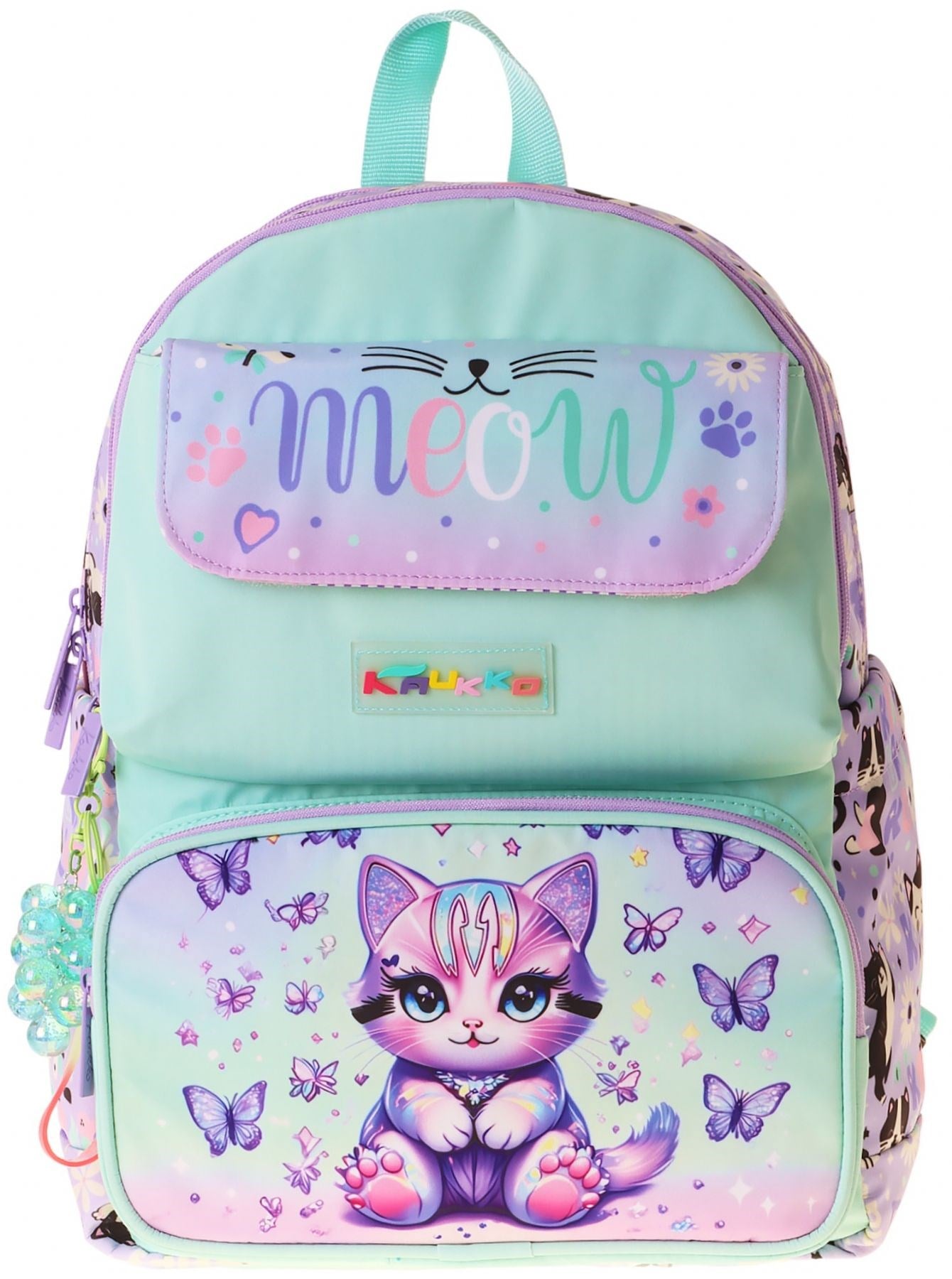Kaukko Kids Kız Çocuk Mor Kedi Desenli Okul Çantası - Yeşil - Mor - Meow - L5288