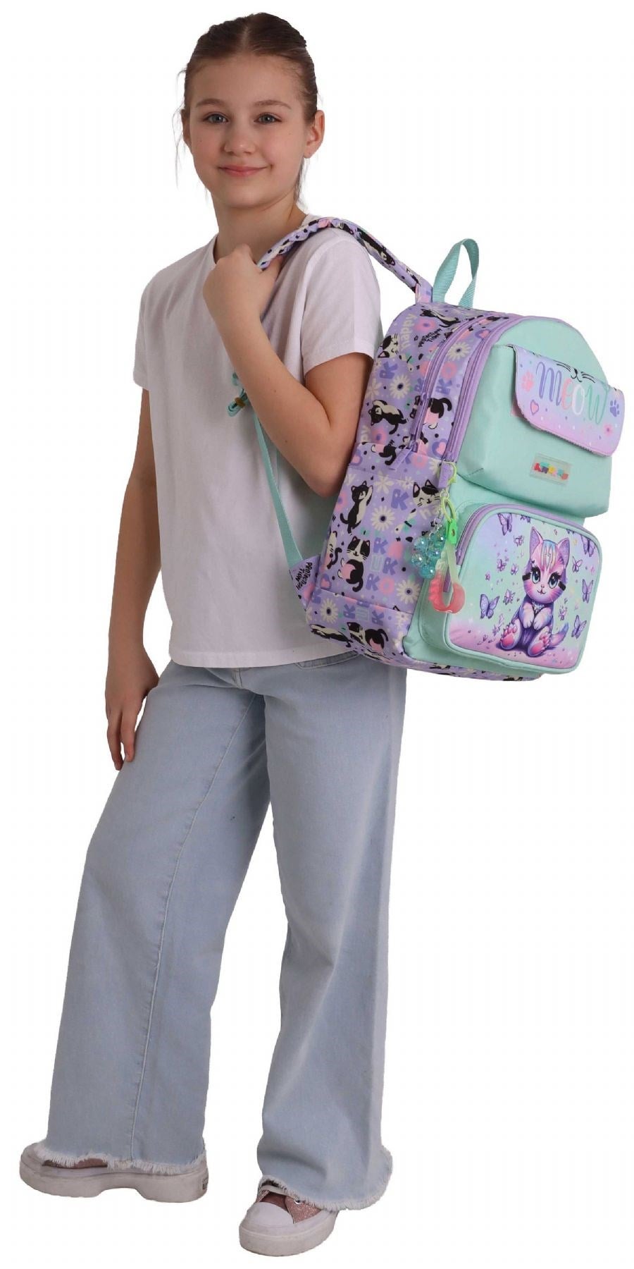 Kaukko Kids Kız Çocuk Mor Kedi Desenli Okul Çantası - Yeşil - Mor - Meow - L5288