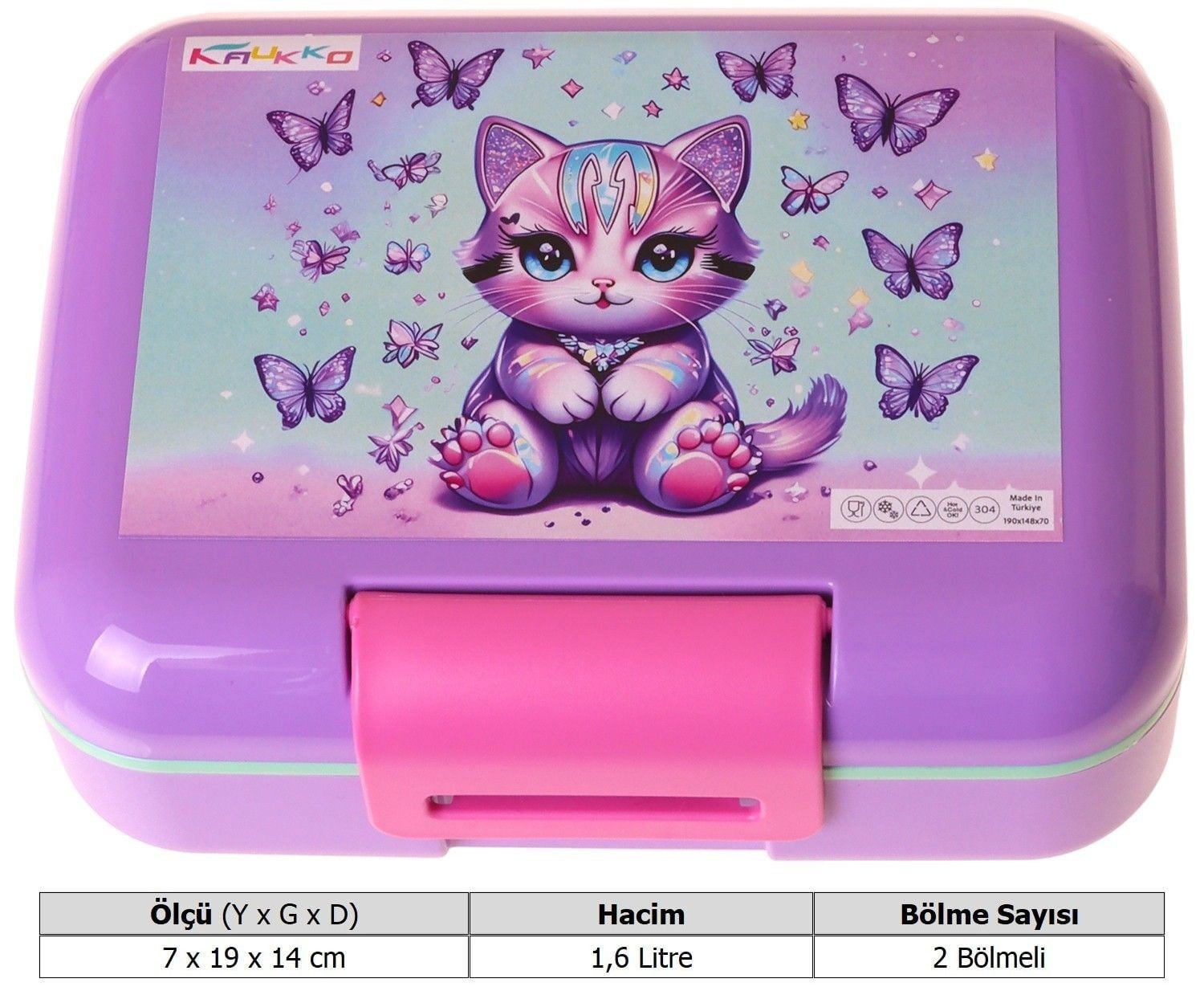 Kaukko Kids Kız Çocuk Mor Kedi Desenli Yeşil - Mor Çift Katlı Beslenme Kabı - L5292