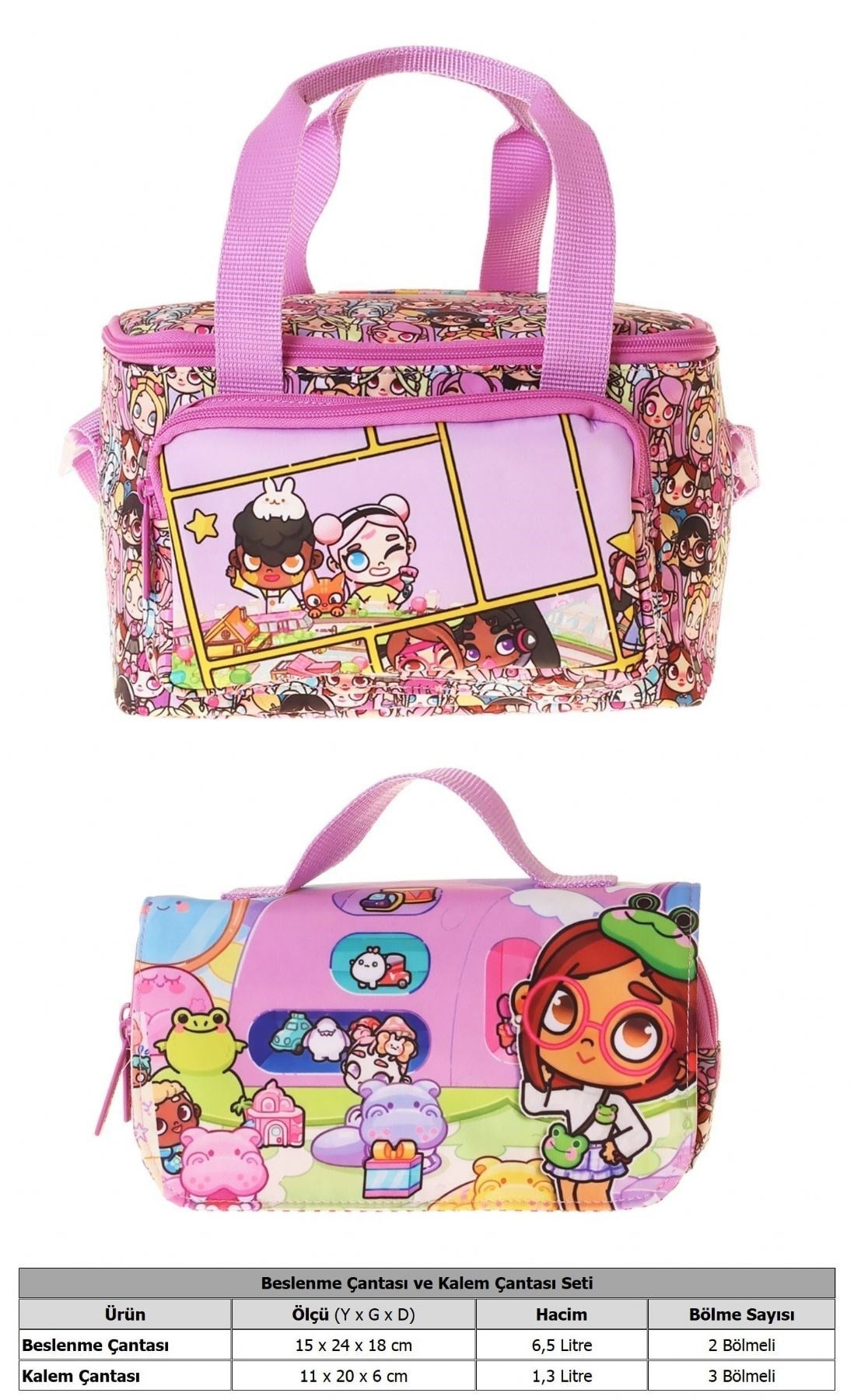 Kaukko Kids Kız Çocuk Nagy Baskılı Pembe Thermo Beslenme Çantası ve Kalemlik Seti - SETKK-L5334
