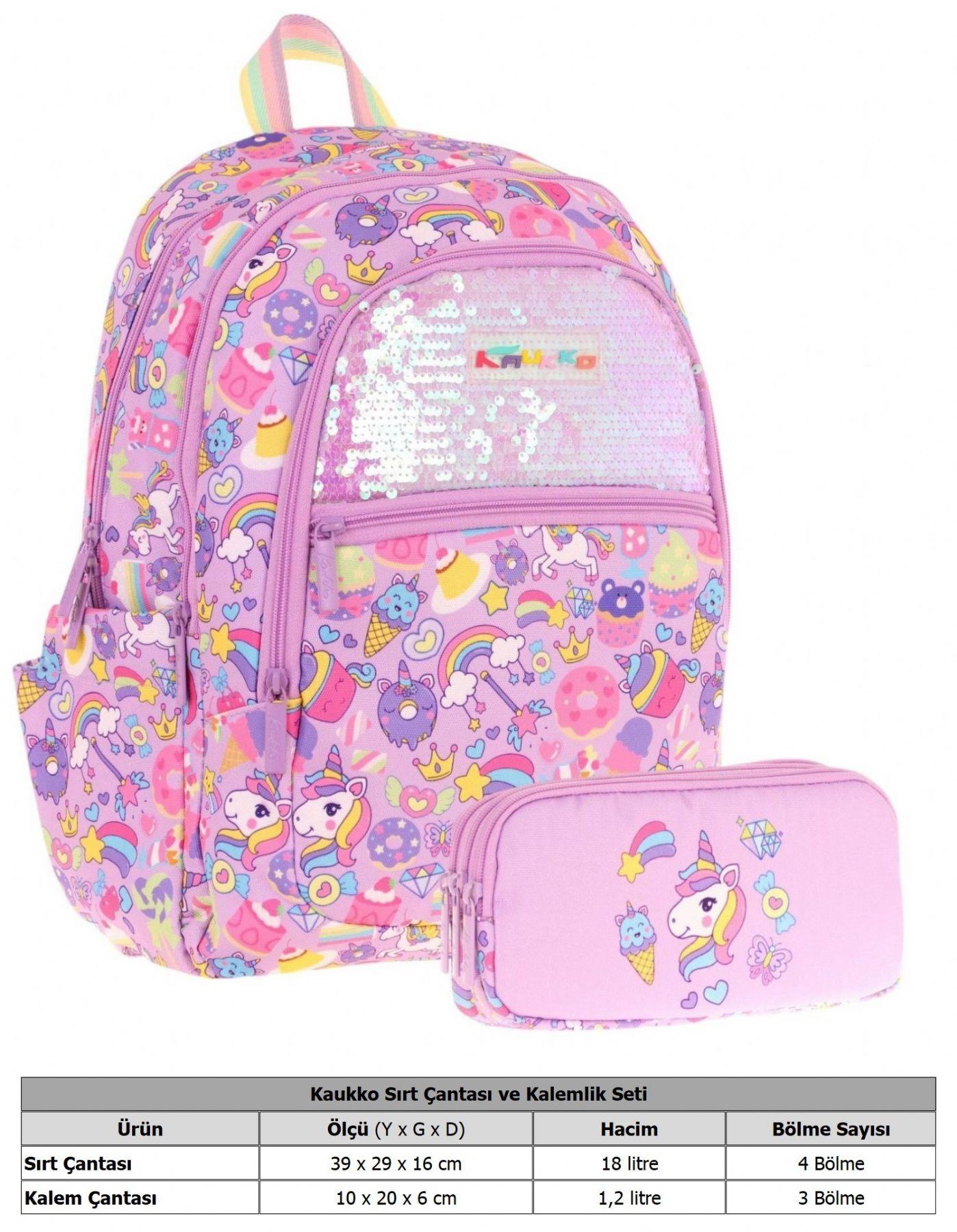 Kaukko Kids Kız Çocuk Okul Çantası ve Üç Bölmeli Kalemlik Seti (Lila - Pullu Sweet) - (L5215+L8215)