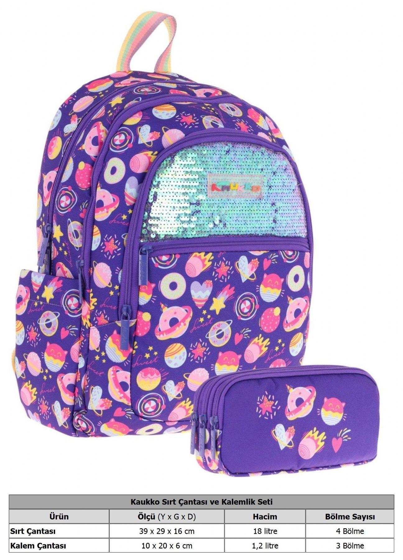Kaukko Kids Kız Çocuk Okul Çantası ve Üç Bölmeli Kalemlik Seti (Mor - Pullu Şekerleme) - (L5216+L8216)
