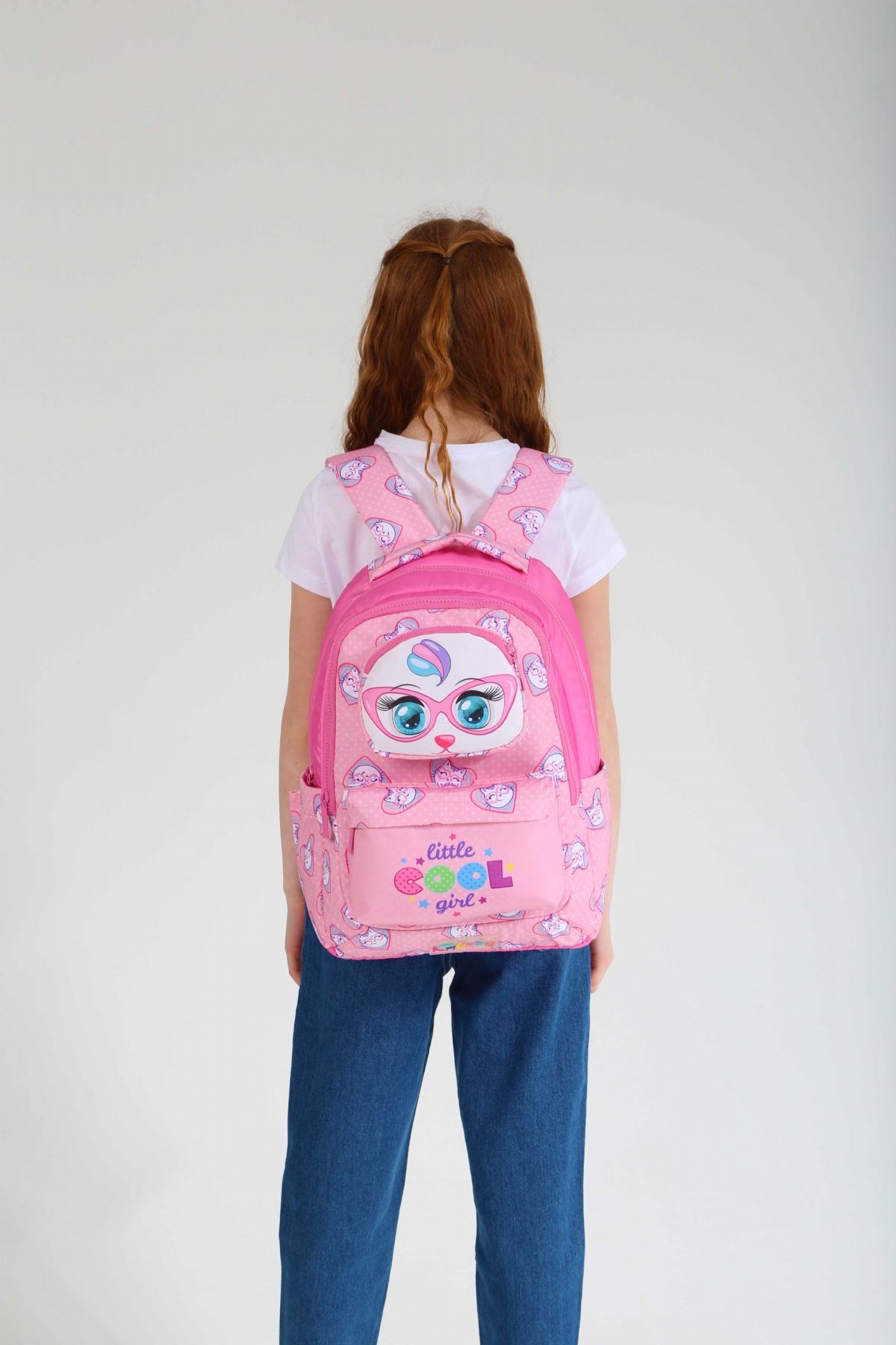 Kaukko Kids Kız Çocuk Pembe Sevimli Kedi Baskılı Dört Bölmeli İlkokul Sırt Çantası - KK-L5157