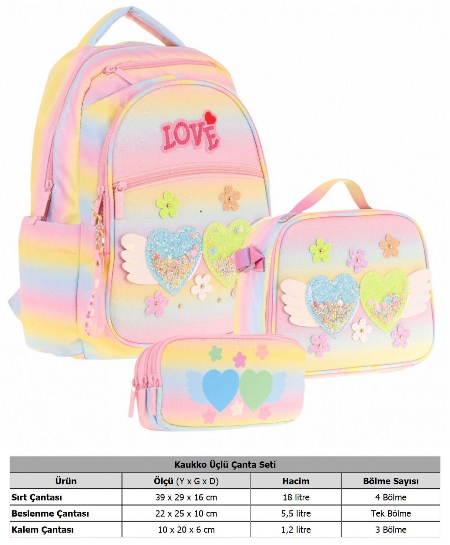 Kaukko Kids Kız Çocuk Simli Kalp ve Çiçek Detaylı İlkokul 1.2.3.4. Sınıf Üçlü Okul Çanta Seti