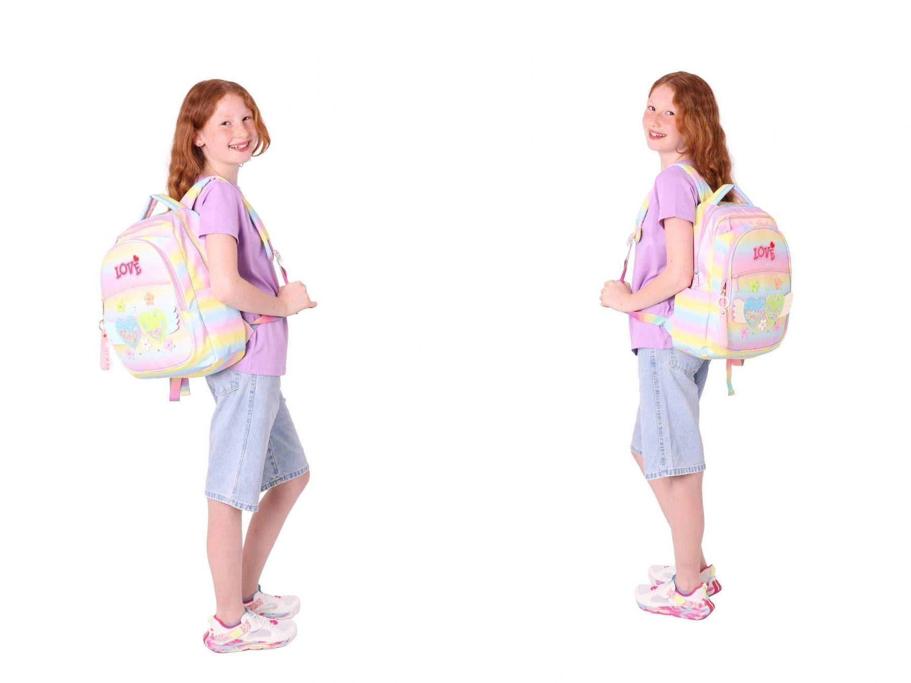 Kaukko Kids Kız Çocuk Simli Kalp ve Çiçek Detaylı İlkokul 1.2.3.4. Sınıf Üçlü Okul Çanta Seti