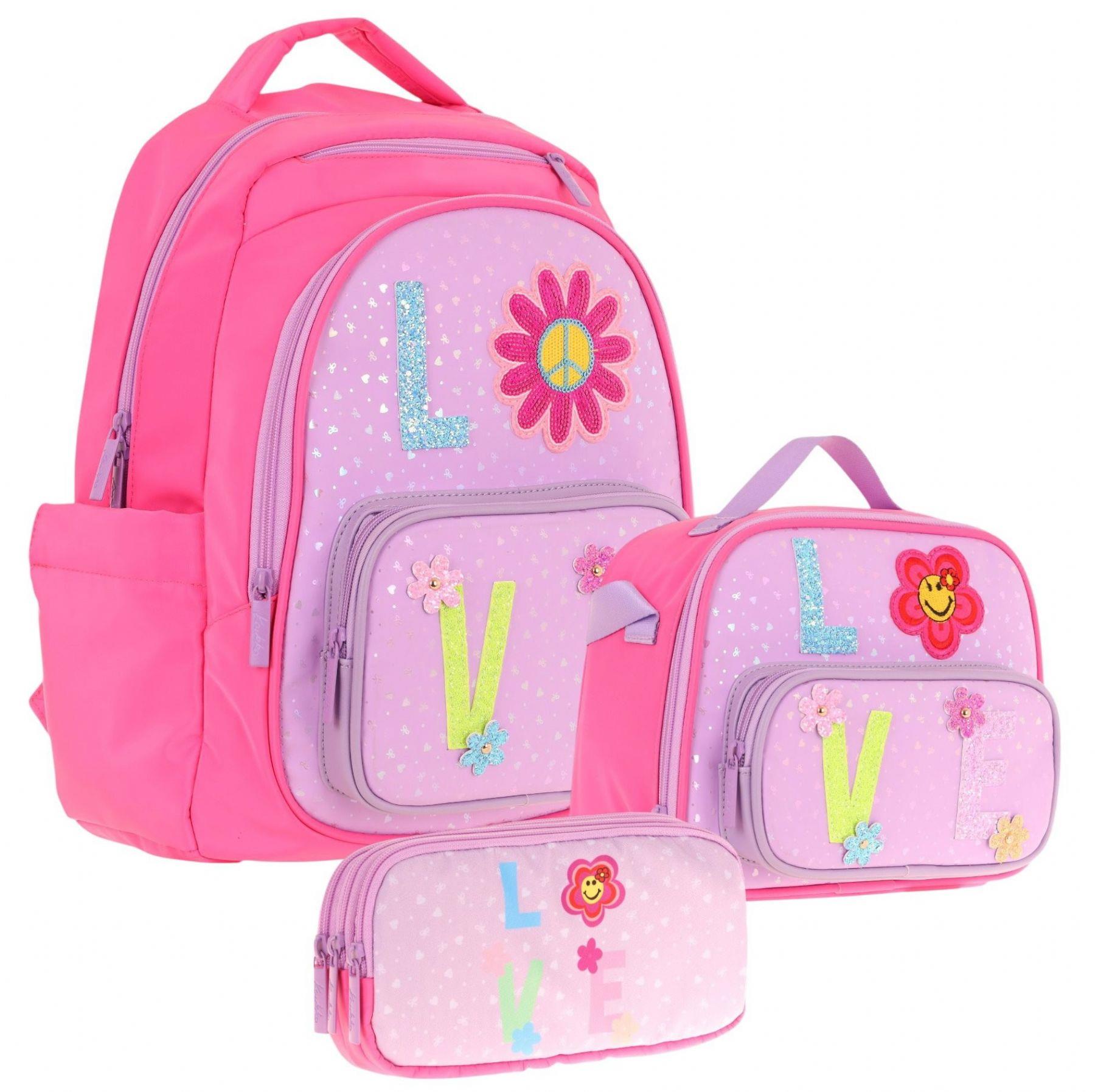 Kaukko Kids Kız Çocuk Simli Love Desenli İlkokul 1.2.3.4. Sınıf Üçlü Okul Çanta Seti