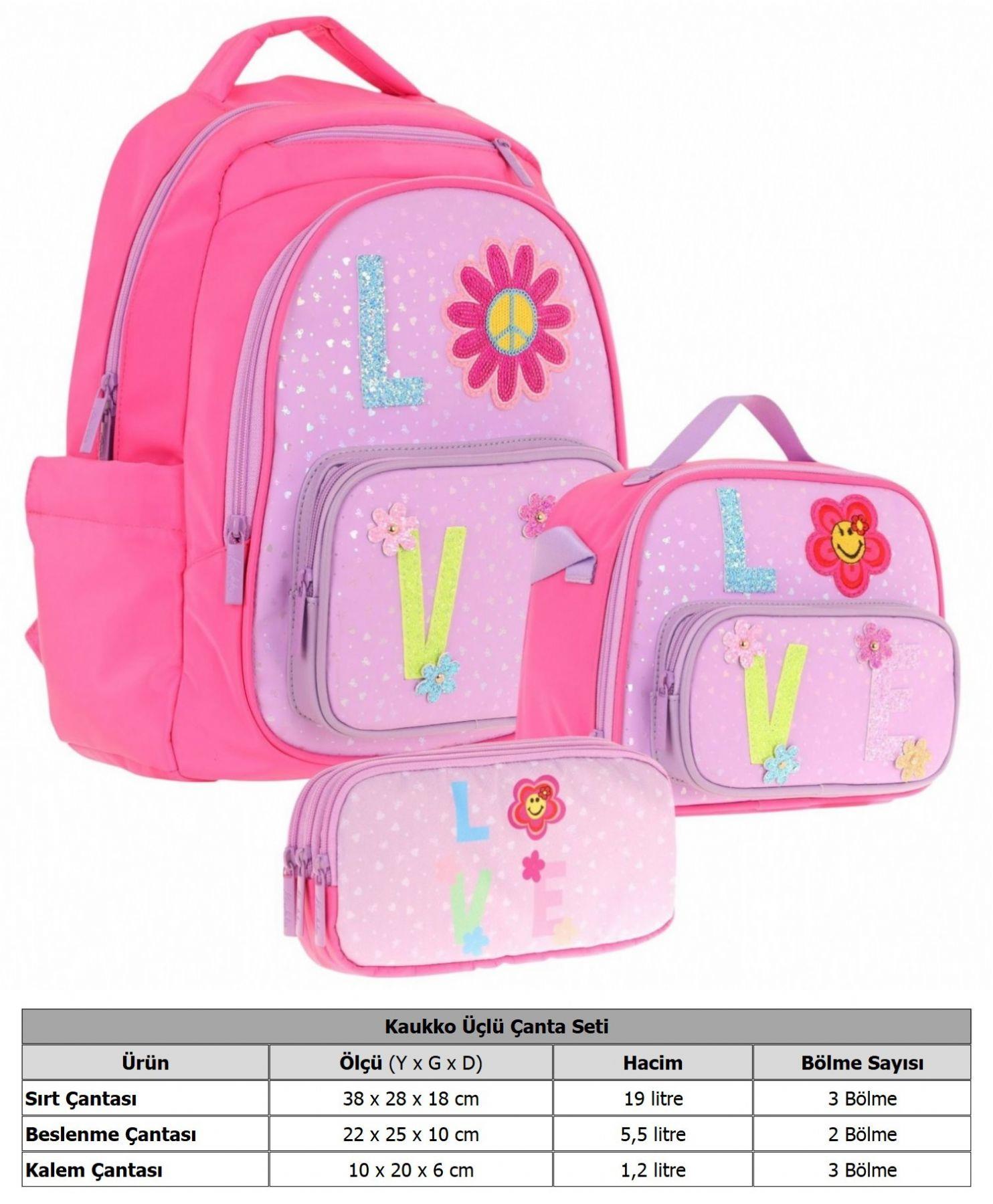 Kaukko Kids Kız Çocuk Simli Love Desenli İlkokul 1.2.3.4. Sınıf Üçlü Okul Çanta Seti