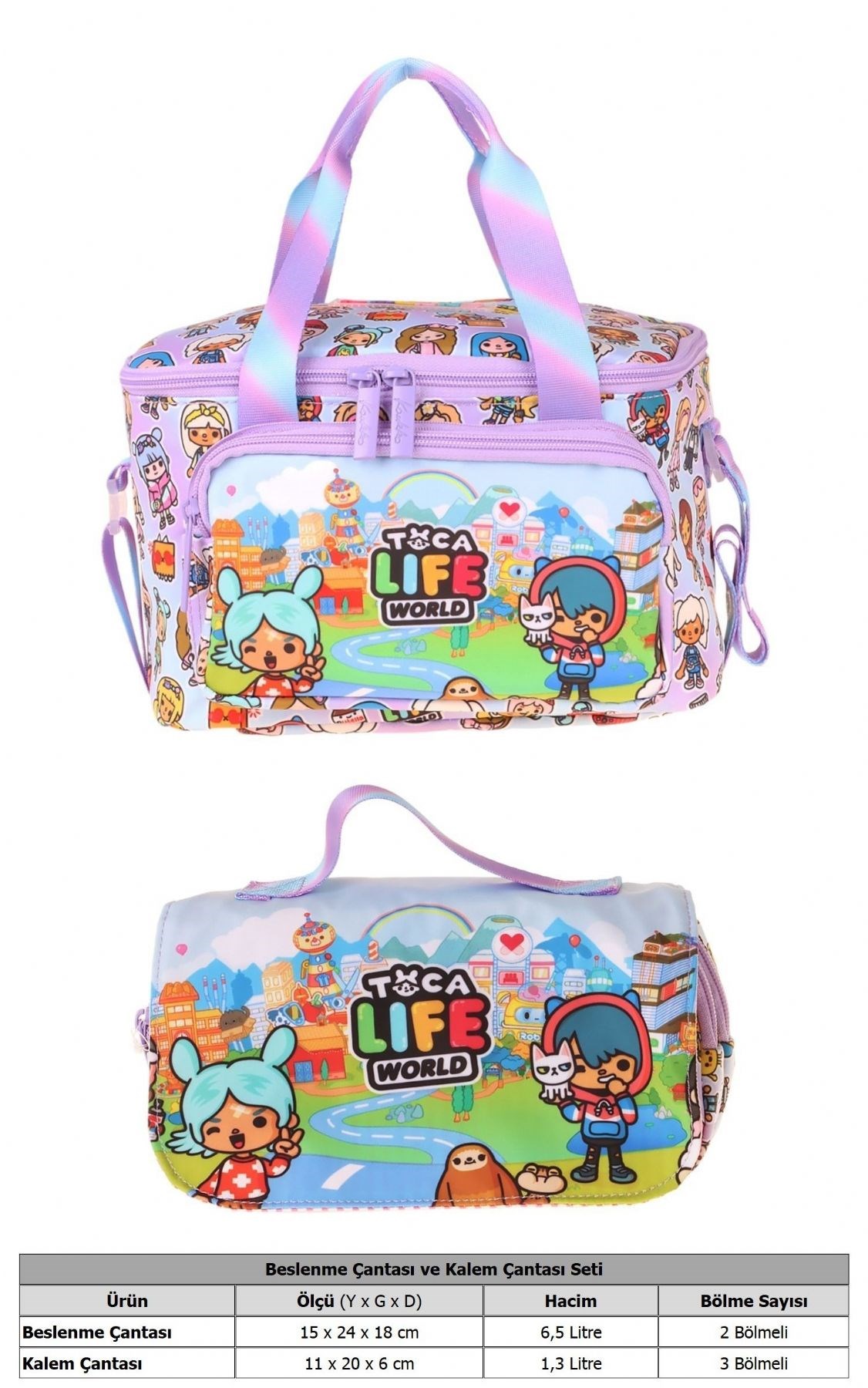 Kaukko Kids Kız Çocuk Toca Life Baskılı Lila - Turkuaz Thermo Beslenme Çantası ve Kalemlik Seti - SETKK-L5339