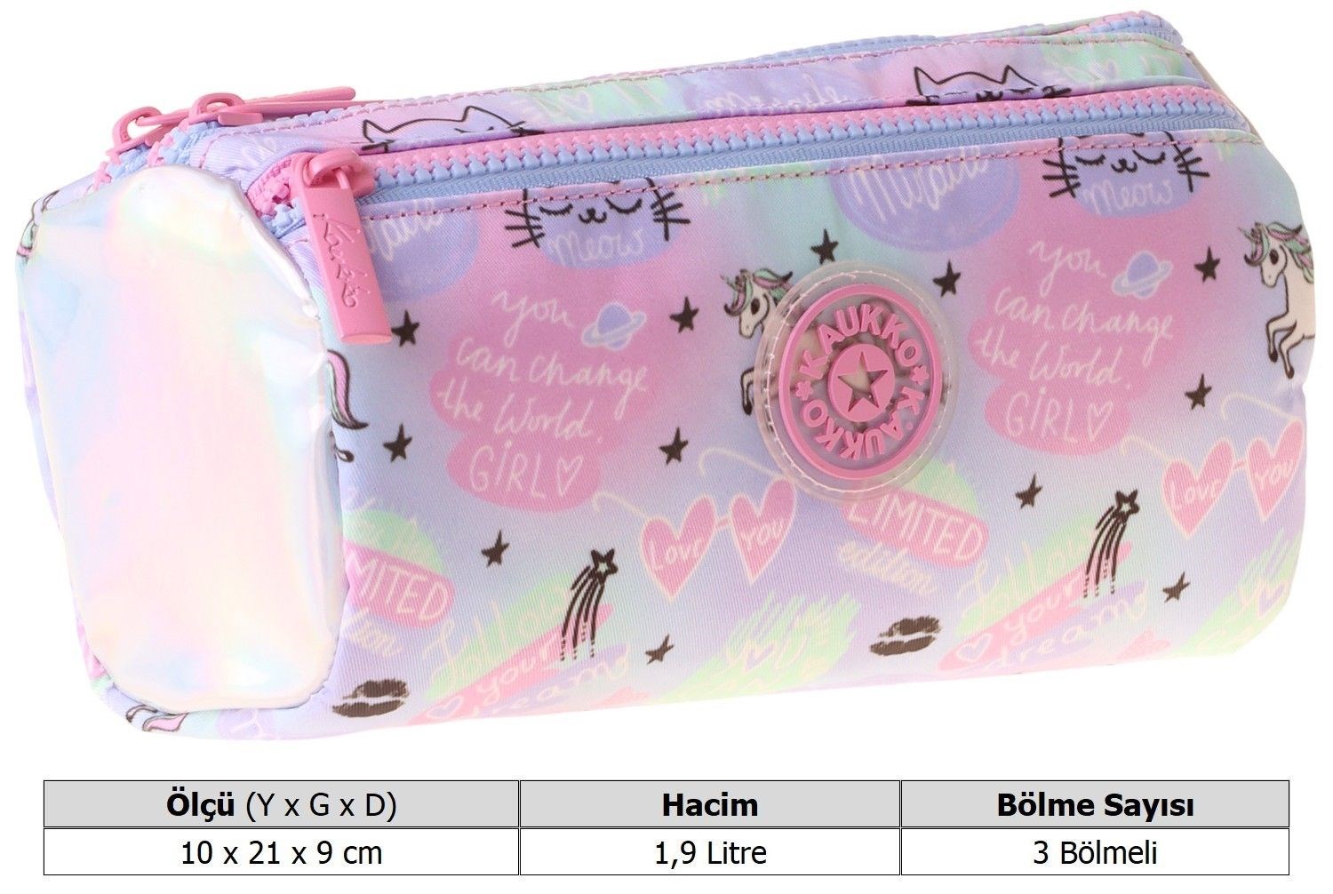 Kaukko Kids Kız Çocuk Üç Bölmeli Dream Baskılı Çok Renkli Okul Kalem Çantası - L5345