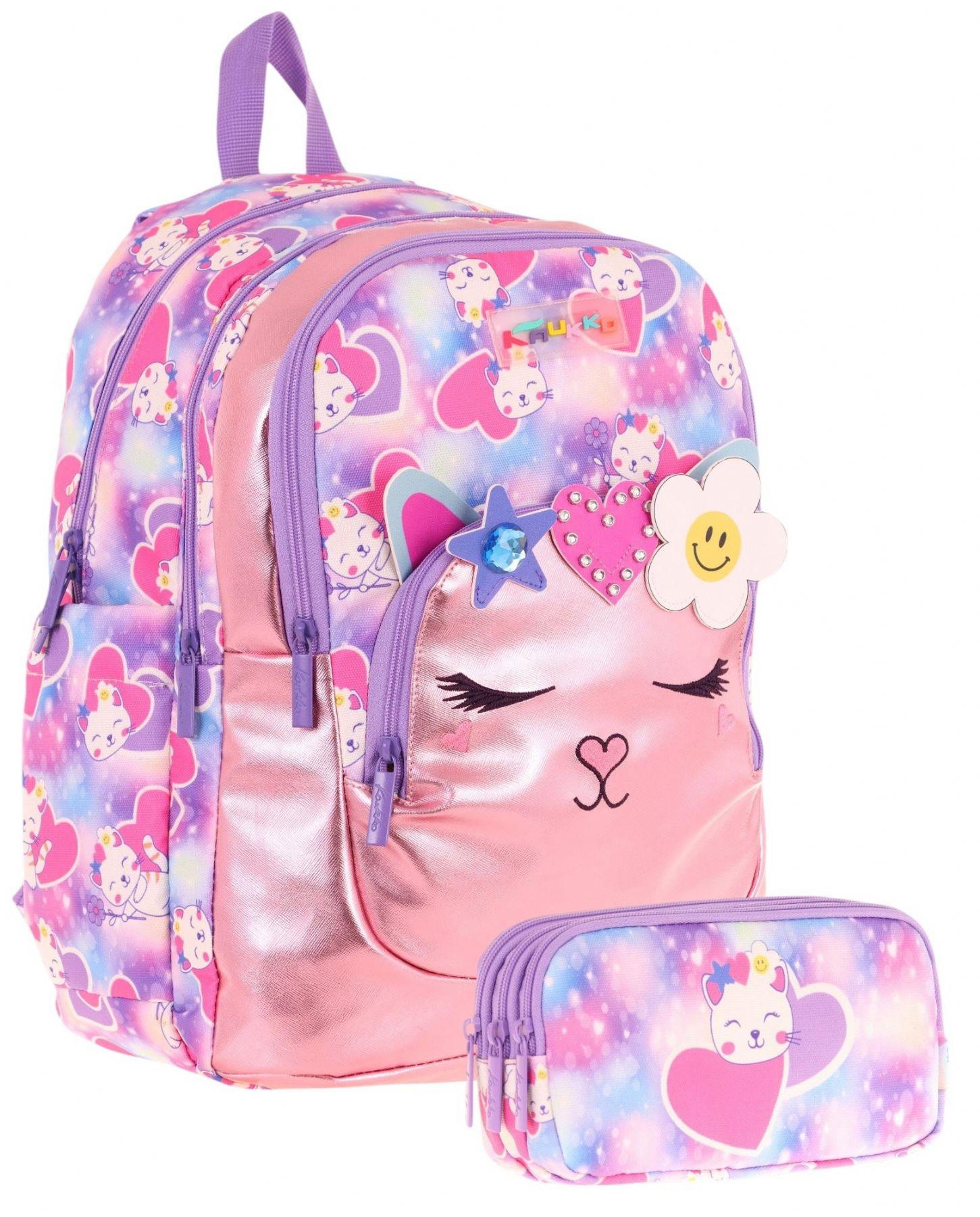 Kaukko Kids Kız Çocuklar İçin Sırt Çantası ve Kalemlik Seti - Kedi Şekilli - Pembe Mor - (L5219+L8219)