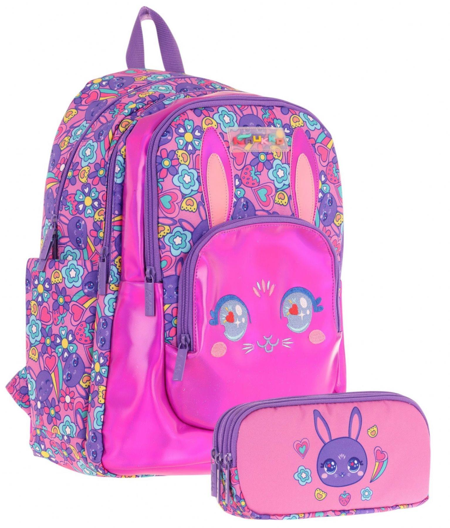 Kaukko Kids Kız Çocuklar İçin Sırt Çantası ve Kalemlik Seti - Tavşan Şekilli - Mor Pembe - (L5220+L8220)