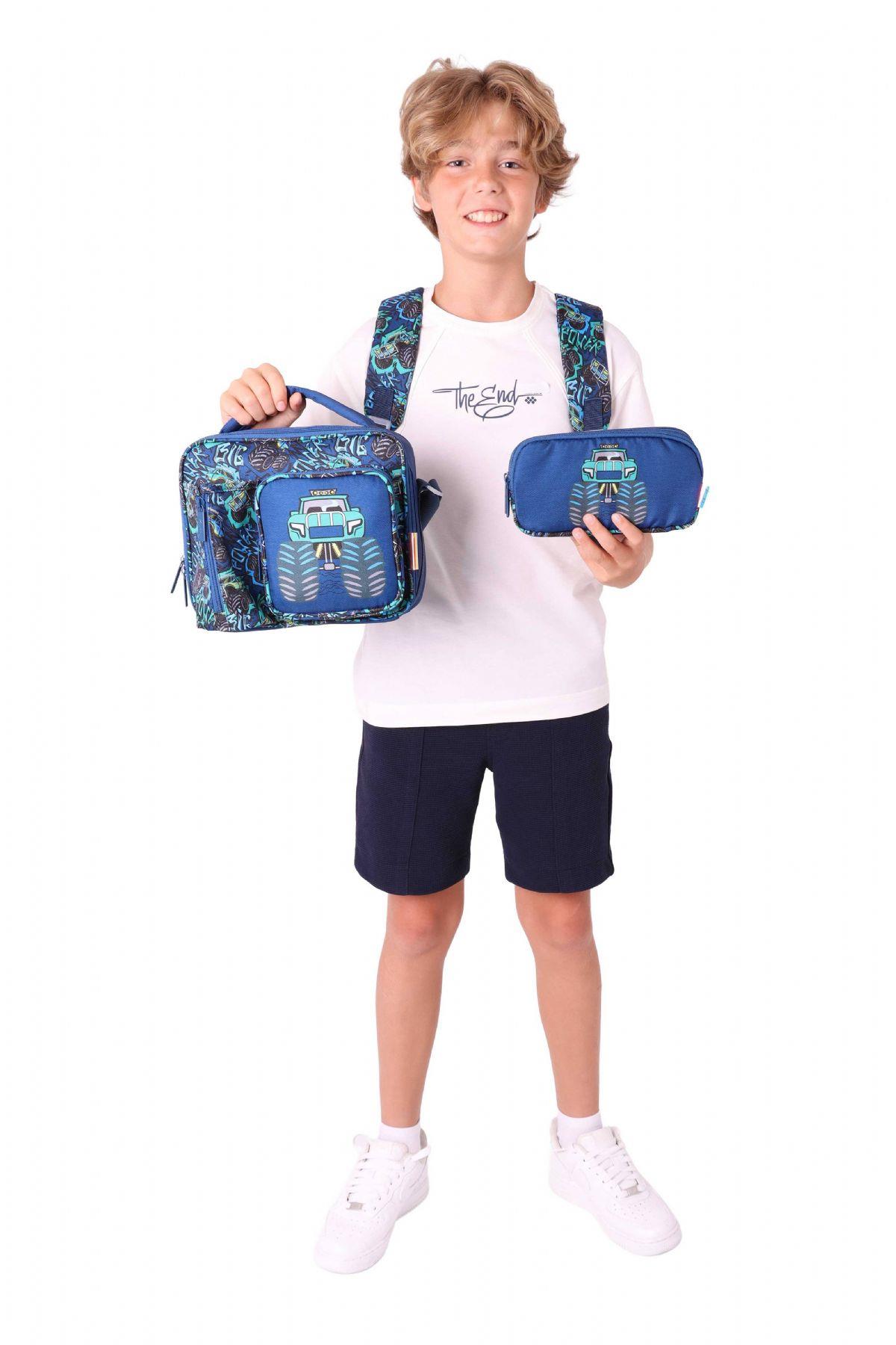 Kaukko Kids Kız Çocuklara Özel (Lacivert Yeşil - Kamyon Detaylı) Üçlü Okul Çantası Seti