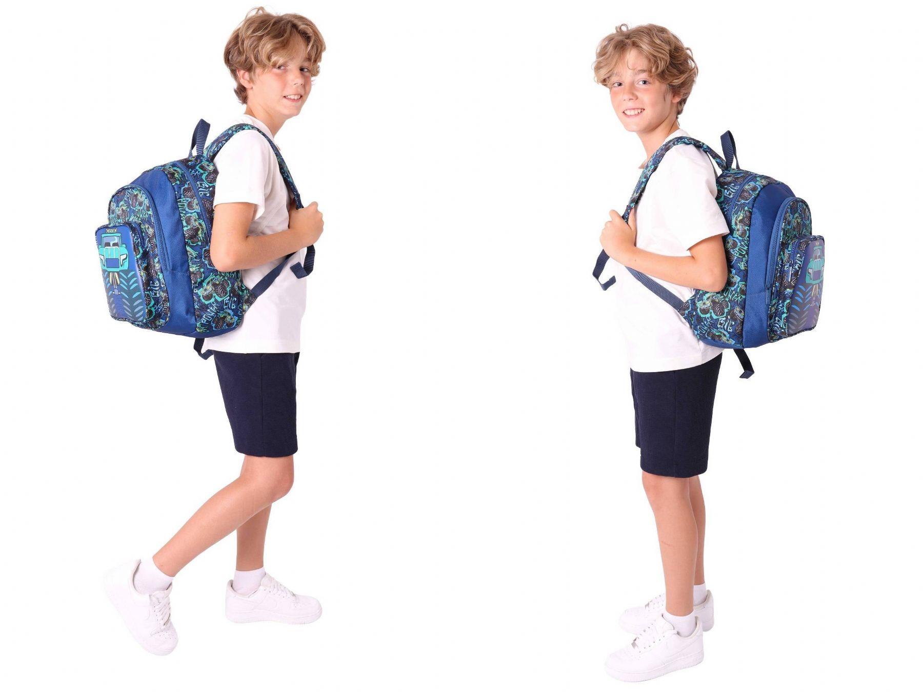 Kaukko Kids Kız Çocuklara Özel (Lacivert Yeşil - Kamyon Detaylı) Üçlü Okul Çantası Seti